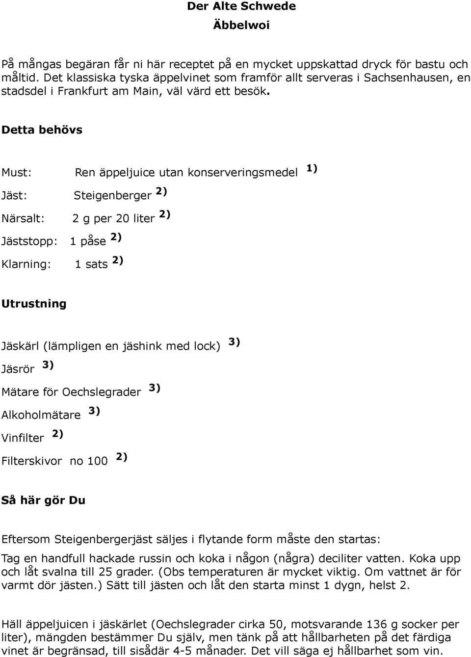 Detta behövs Must: Ren äppeljuice utan konserveringsmedel 1) Jäst: Steigenberger 2) Närsalt: 2 g per 20 liter 2) Jäststopp: 1 påse 2) Klarning: 1 sats 2) Utrustning Jäskärl (lämpligen en jäshink med