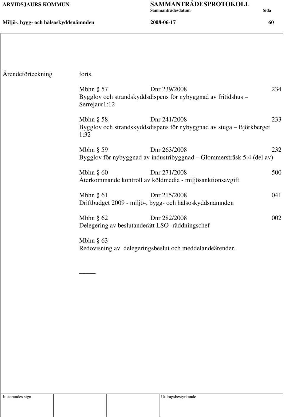 av stuga Björkberget 1:32 Mbhn 59 Dnr 263/2008 232 Bygglov för nybyggnad av industribyggnad Glommersträsk 5:4 (del av) Mbhn 60 Dnr 271/2008 500 Återkommande kontroll av