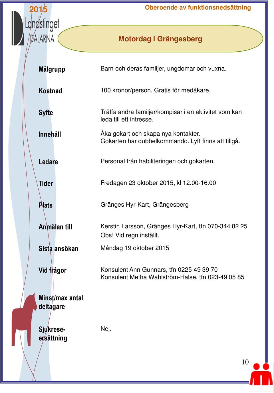 Lyft finns att tillgå. Personal från habiliteringen och gokarten. Tider Fredagen 23 oktober 2015, kl 12.00-16.