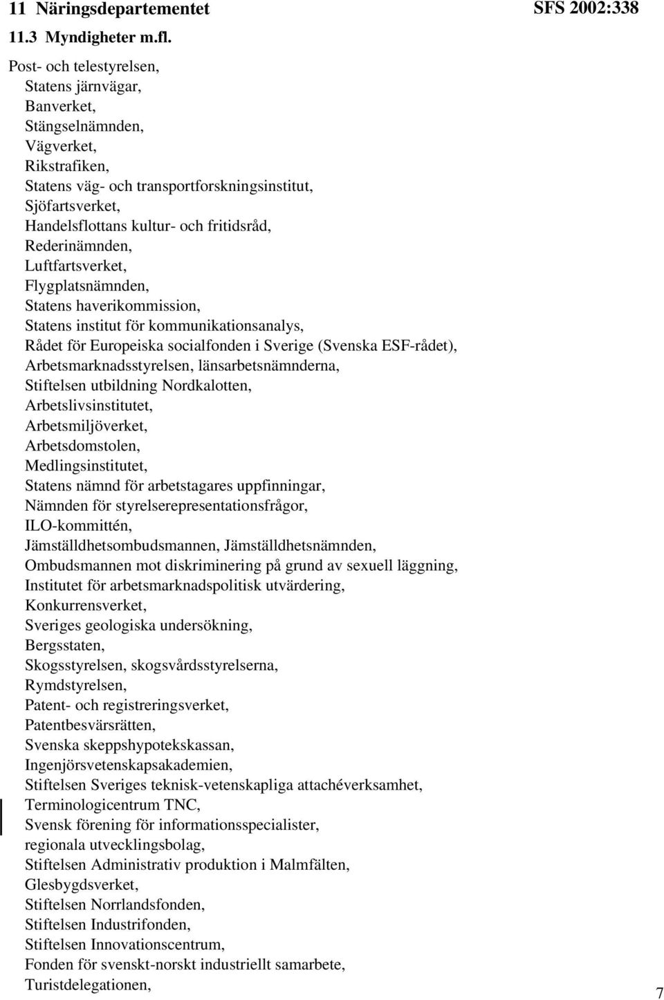 Rederinämnden, Luftfartsverket, Flygplatsnämnden, Statens haverikommission, Statens institut för kommunikationsanalys, Rådet för Europeiska socialfonden i Sverige (Svenska ESF-rådet),