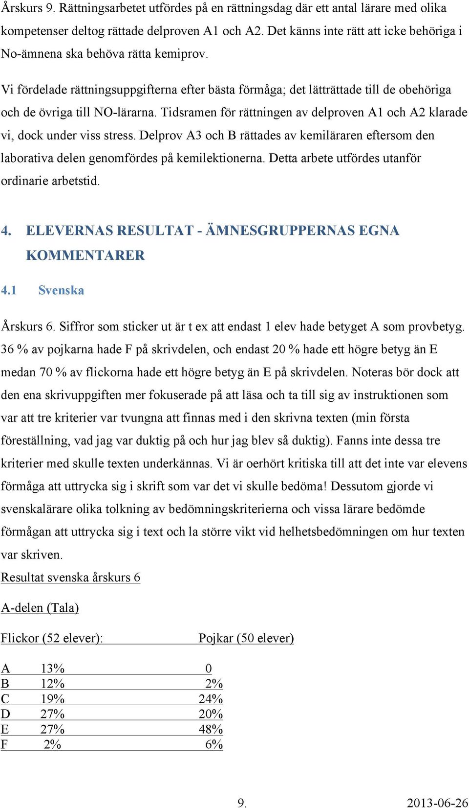 Tidsramen för rättningen av delproven A1 och A2 klarade vi, dock under viss stress. Delprov A3 och B rättades av kemiläraren eftersom den laborativa delen genomfördes på kemilektionerna.