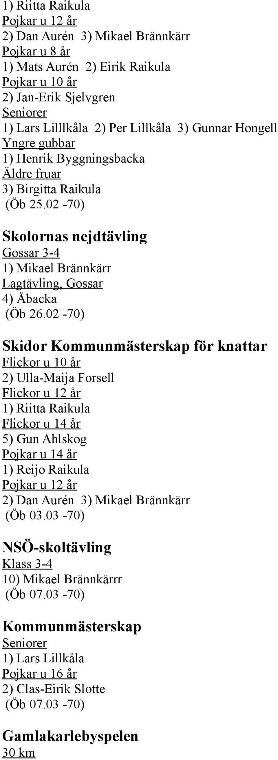 02-70) Skolornas nejdtävling Gossar 3-4 1) Mikael Brännkärr Lagtävling, Gossar 4) Åbacka (Öb 26.