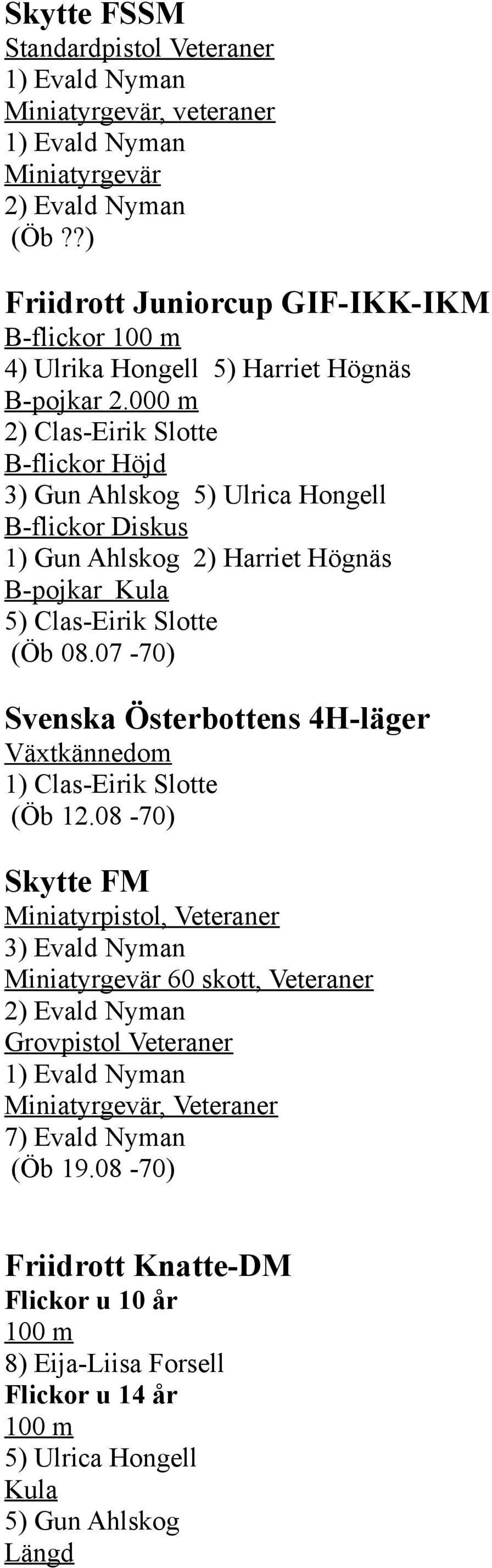 000 m 2) Clas-Eirik Slotte B-flickor 3) Gun Ahlskog 5) Ulrica Hongell B-flickor Diskus 1) Gun Ahlskog 2) Harriet Högnäs B-pojkar 5) Clas-Eirik Slotte (Öb 08.
