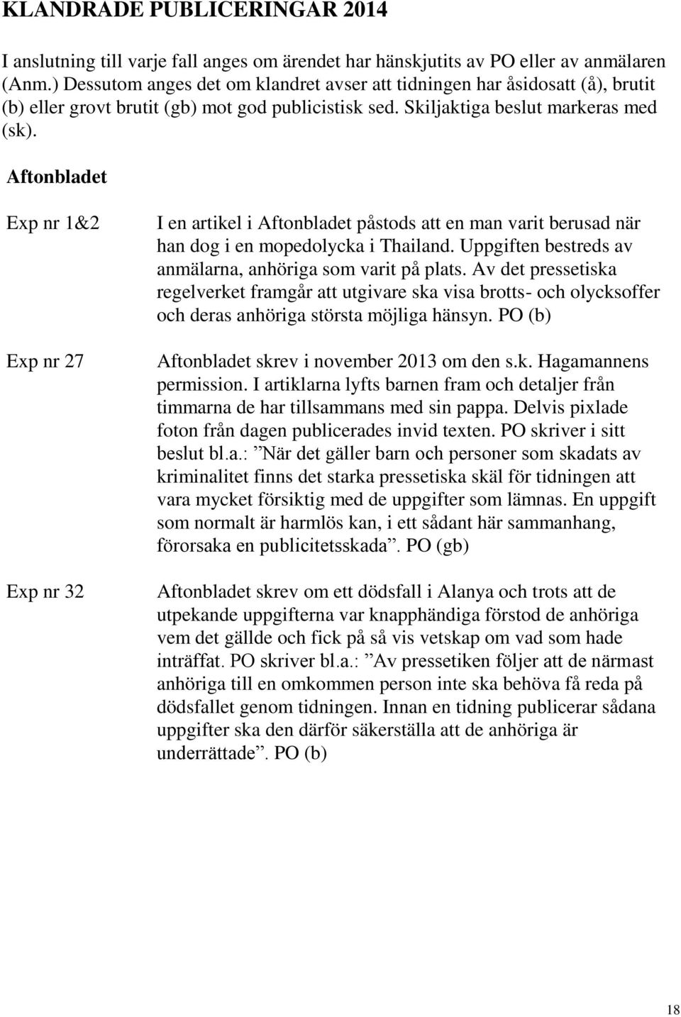 Aftonbladet Exp nr 1&2 Exp nr 27 Exp nr 32 I en artikel i Aftonbladet påstods att en man varit berusad när han dog i en mopedolycka i Thailand.