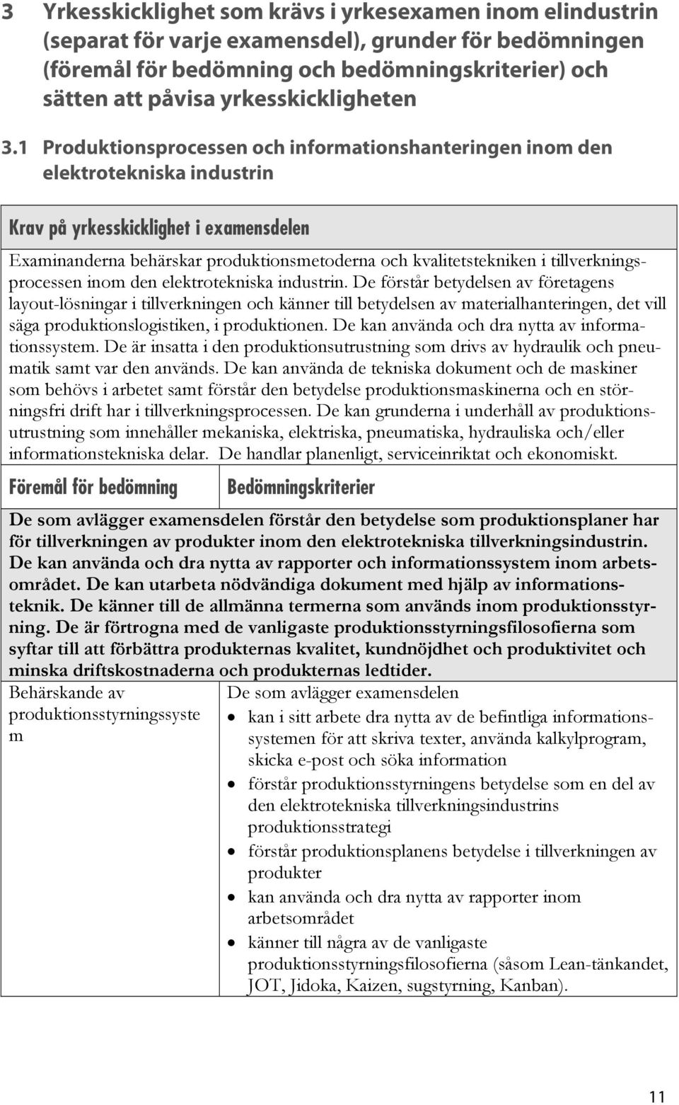 1 Produktionsprocessen och informationshanteringen inom den elektrotekniska industrin Krav på yrkesskicklighet i examensdelen Examinanderna behärskar produktionsmetoderna och kvalitetstekniken i