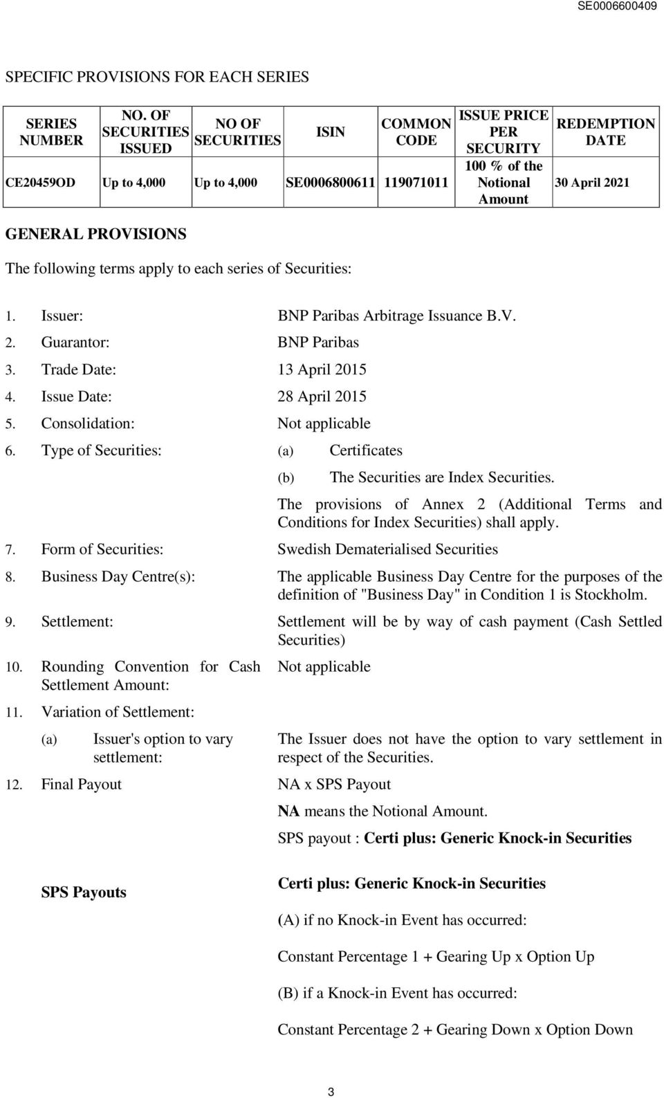 GENERAL PROVISIONS The following terms apply to each series of Securities: 1. Issuer: BNP Paribas Arbitrage Issuance B.V. 2. Guarantor: BNP Paribas 3. Trade Date: 13 April 2015 4.