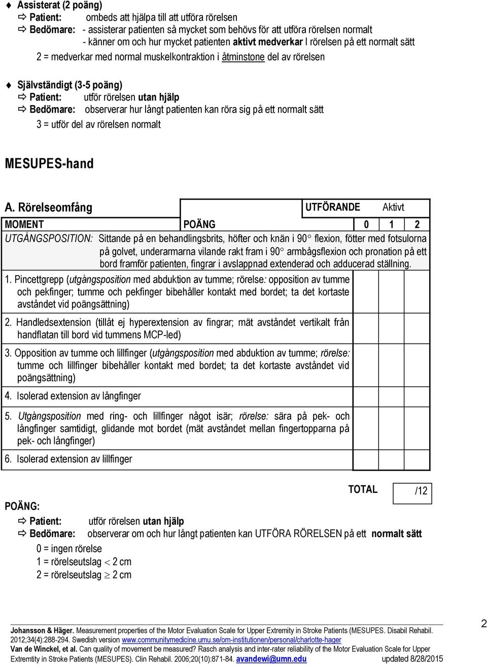 observerar hur långt patienten kan röra sig på ett normalt sätt 3 = utför del av rörelsen normalt MESUPES-hand A.