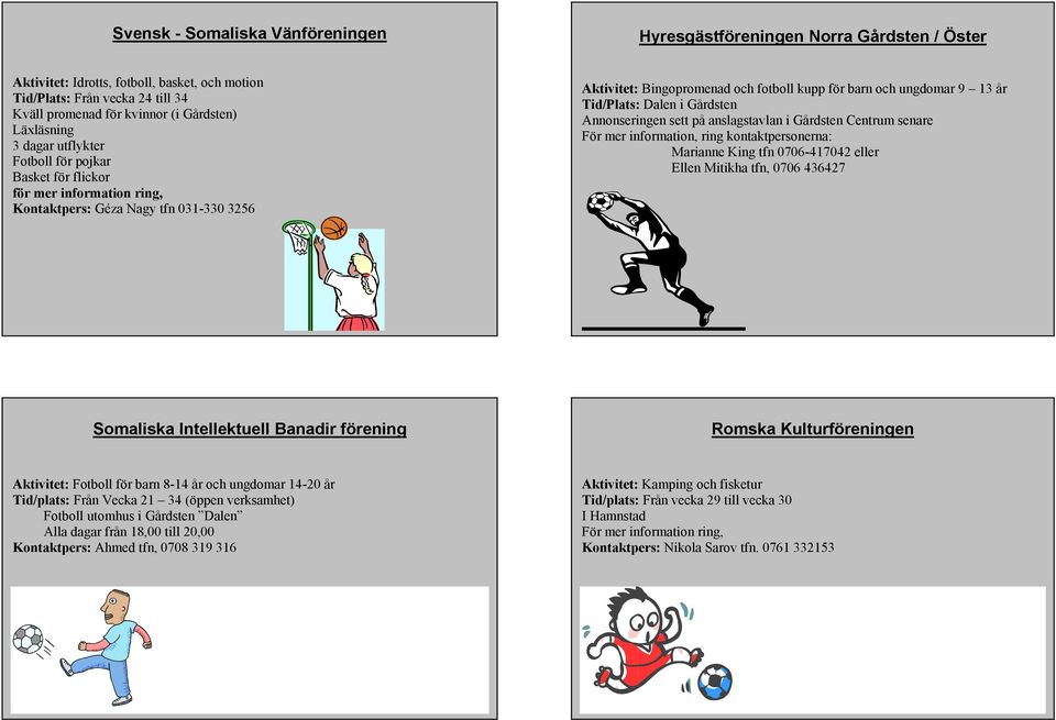 13 år Tid/Plats: Dalen i Gårdsten Annonseringen sett på anslagstavlan i Gårdsten Centrum senare För mer information, ring kontaktpersonerna: Marianne King tfn 0706-417042 eller Ellen Mitikha tfn,