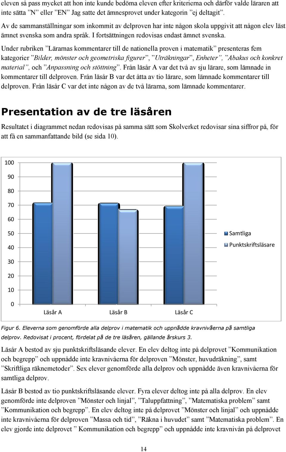 Under rubriken Lärarnas kommentarer till de nationella proven i matematik presenteras fem kategorier Bilder, mönster och geometriska figurer, Uträkningar, Enheter, Abakus och konkret material, och