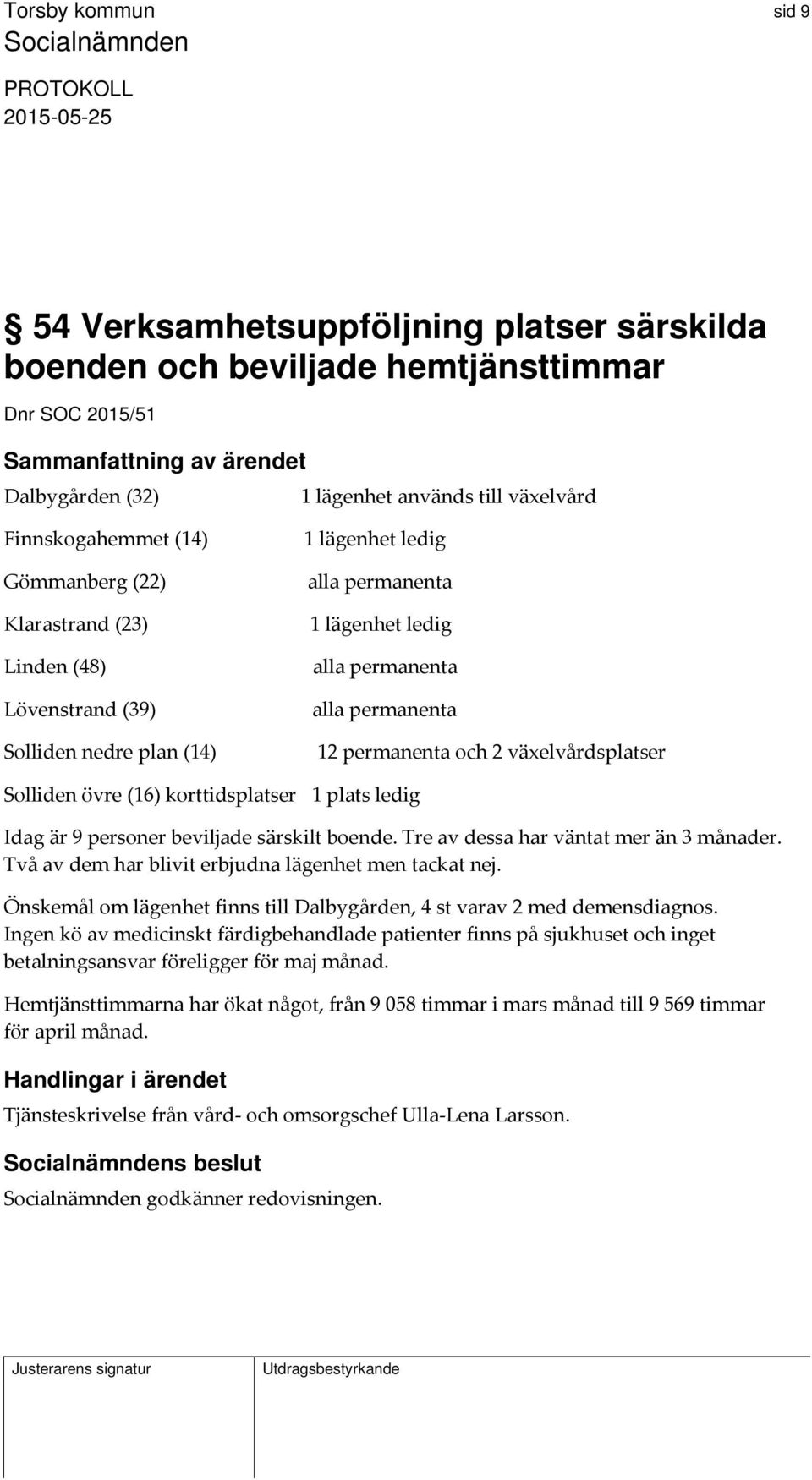 övre (16) korttidsplatser 1 plats ledig Idag är 9 personer beviljade särskilt boende. Tre av dessa har väntat mer än 3 månader. Två av dem har blivit erbjudna lägenhet men tackat nej.