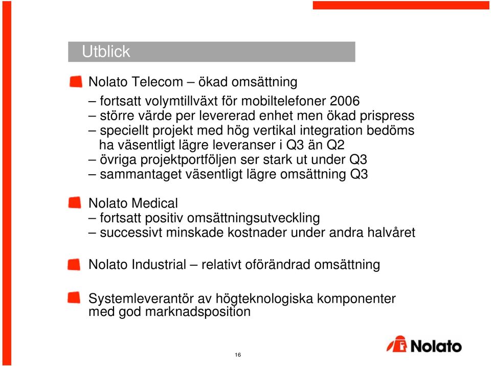 under Q3 sammantaget väsentligt lägre omsättning Q3 Nolato Medical fortsatt positiv omsättningsutveckling successivt minskade kostnader