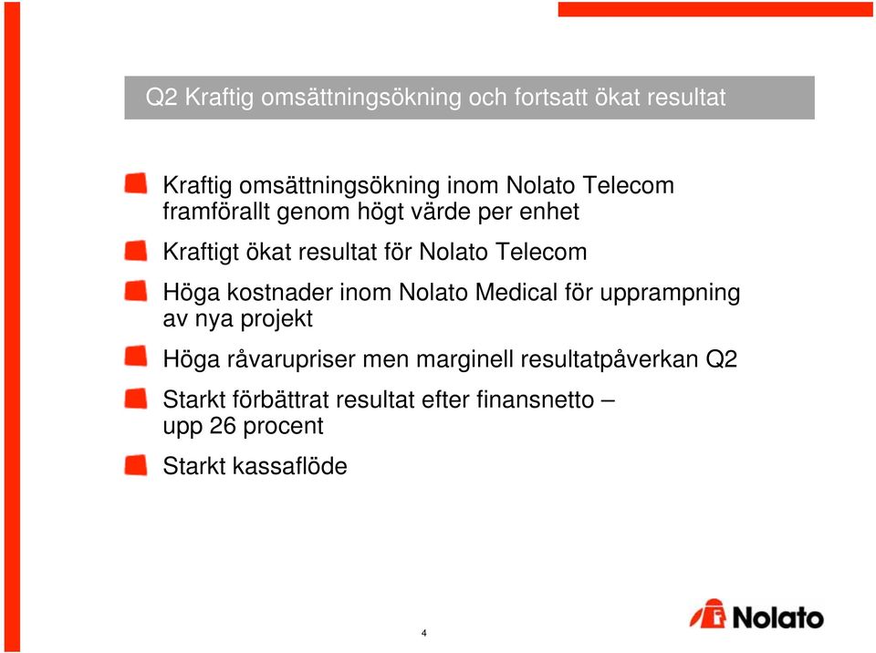 kostnader inom Nolato Medical för upprampning av nya projekt Höga råvarupriser men marginell