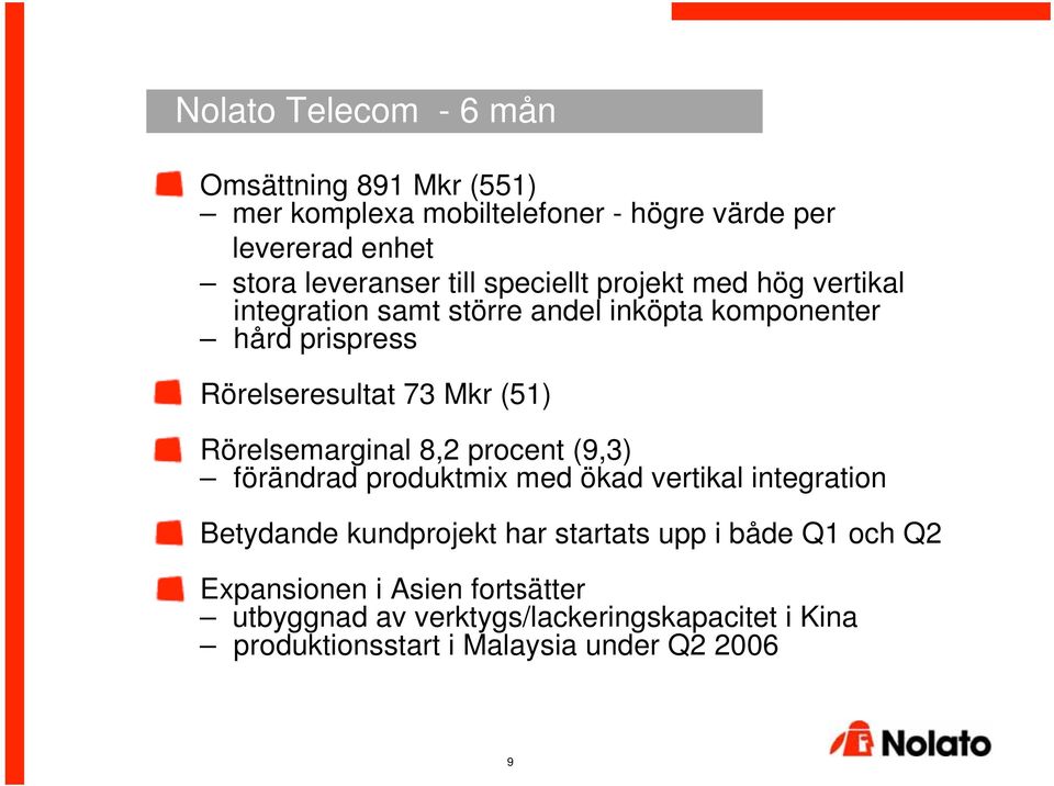 (51) Rörelsemarginal 8,2 procent (9,3) förändrad produktmix med ökad vertikal integration Betydande kundprojekt har startats upp i