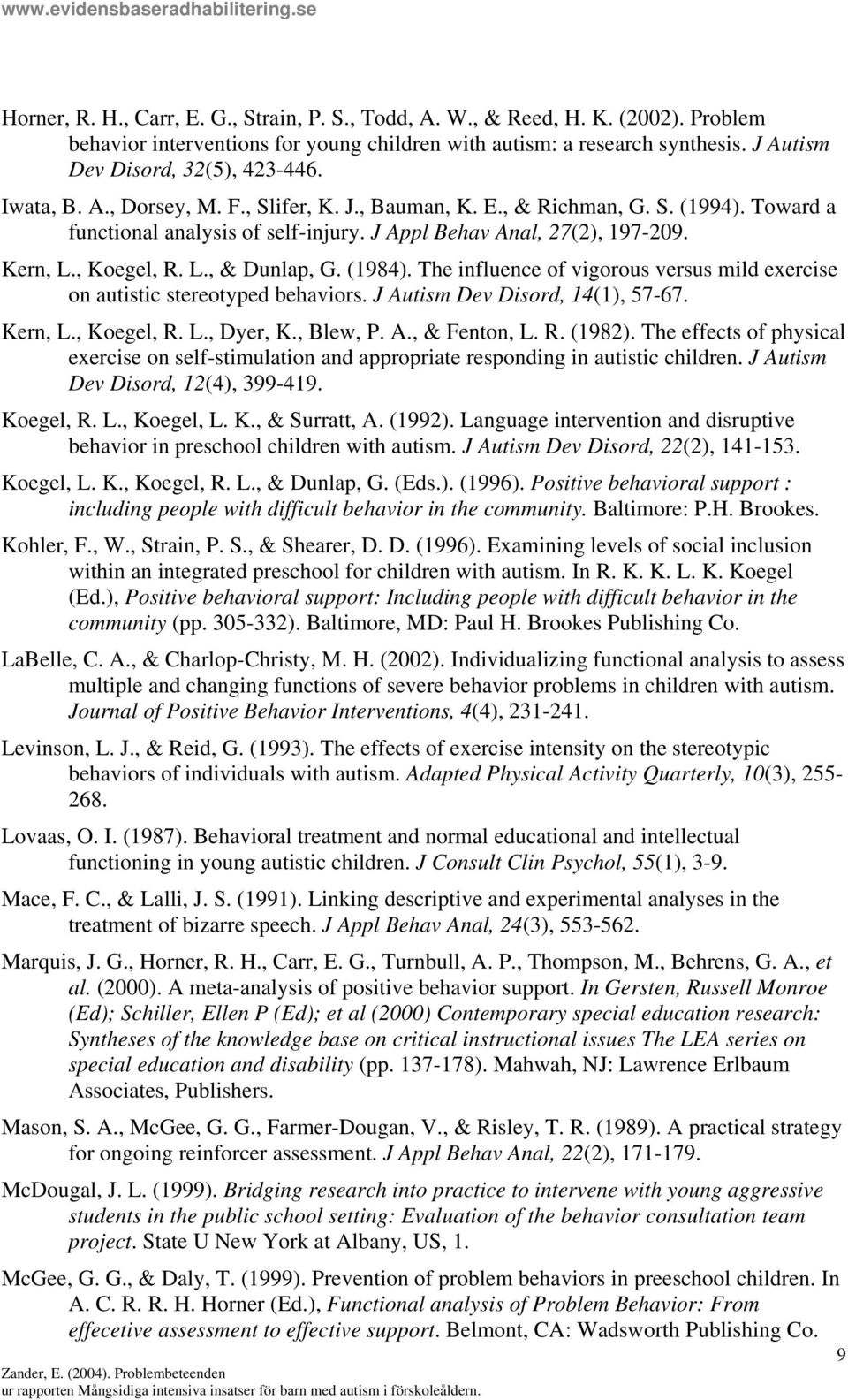 (1984). The influence of vigorous versus mild exercise on autistic stereotyped behaviors. J Autism Dev Disord, 14(1), 57-67. Kern, L., Koegel, R. L., Dyer, K., Blew, P. A., & Fenton, L. R. (1982).