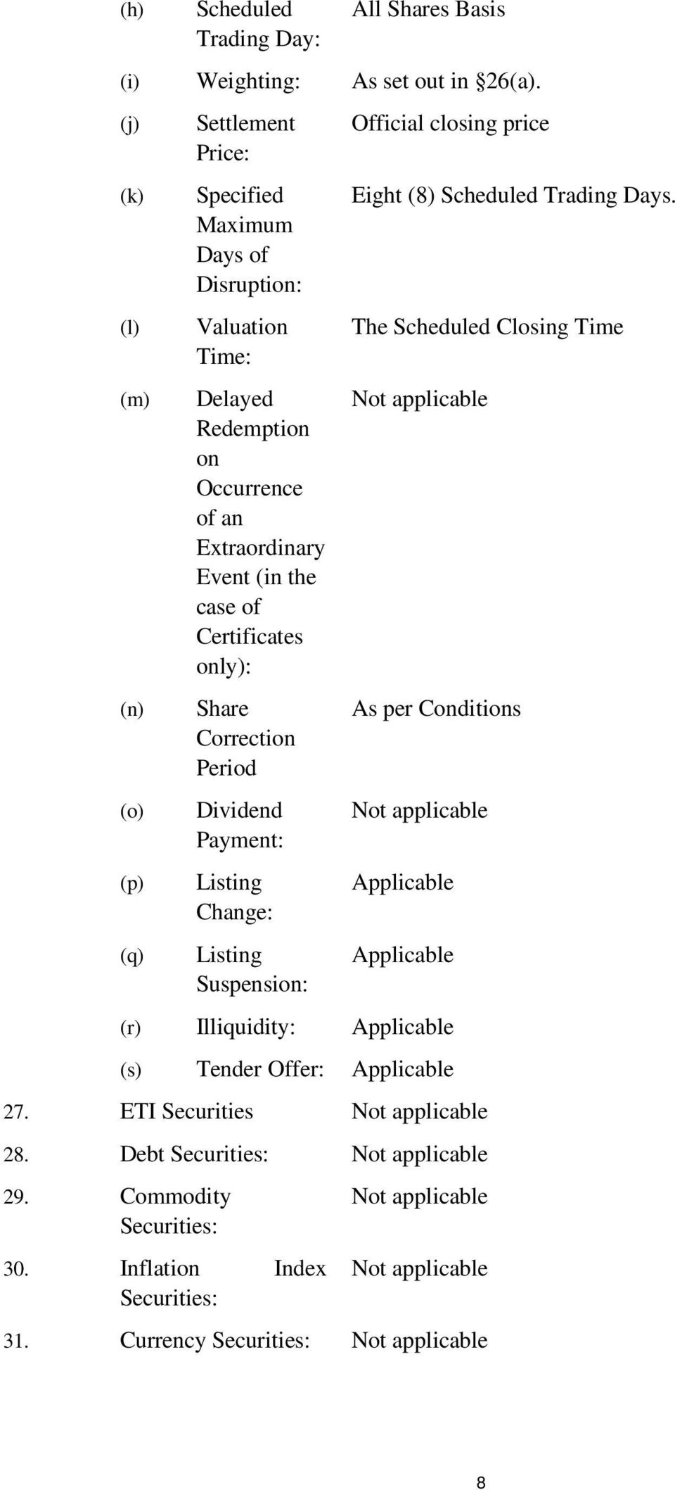 (in the case of Certificates only): Share Correction Period Dividend Payment: Listing Change: Listing Suspension: Official closing price Eight (8) Scheduled Trading