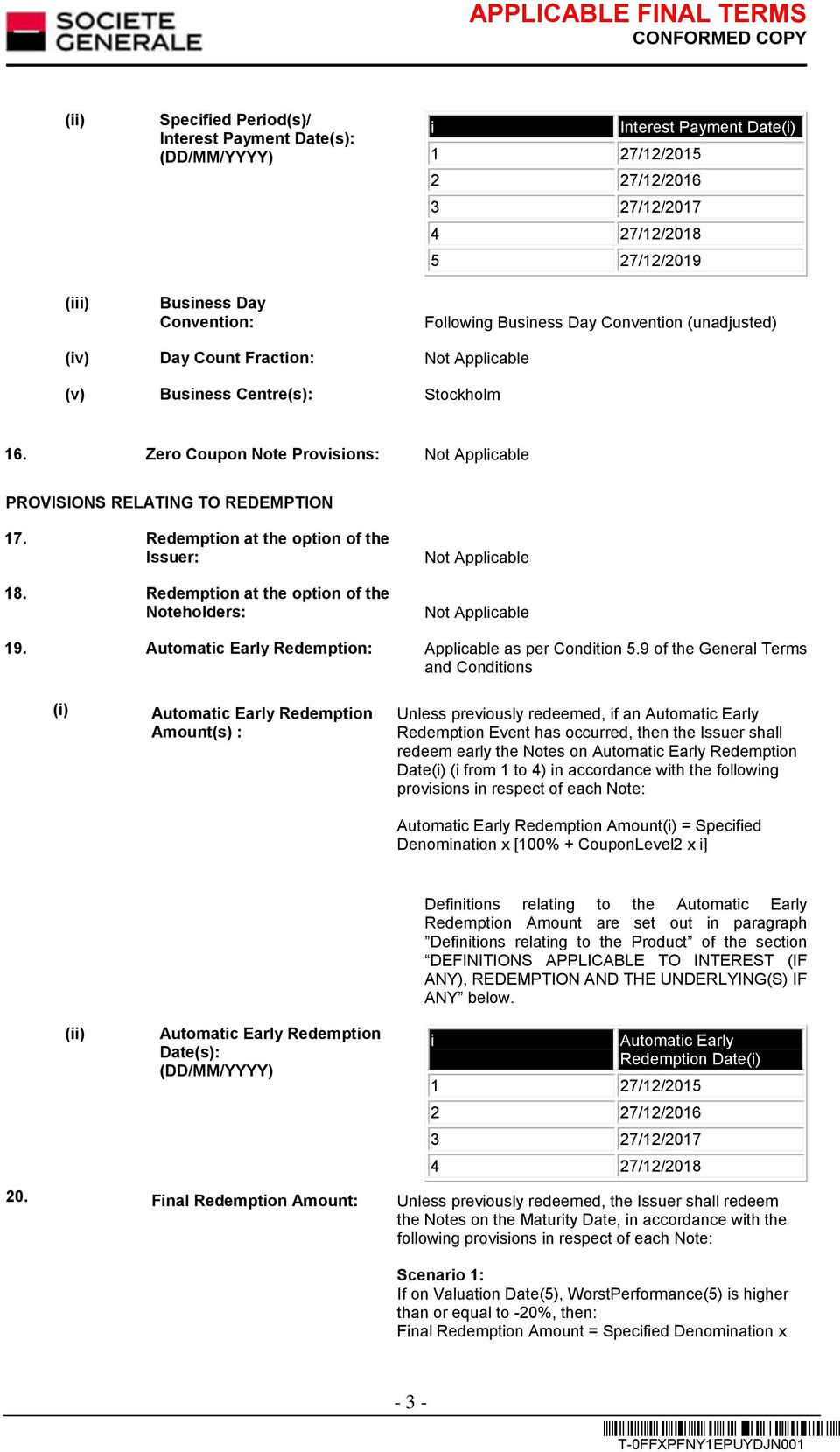 Redemption at the option of the Issuer: 18. Redemption at the option of the Noteholders: Not Applicable Not Applicable 19. Automatic Early Redemption: Applicable as per Condition 5.