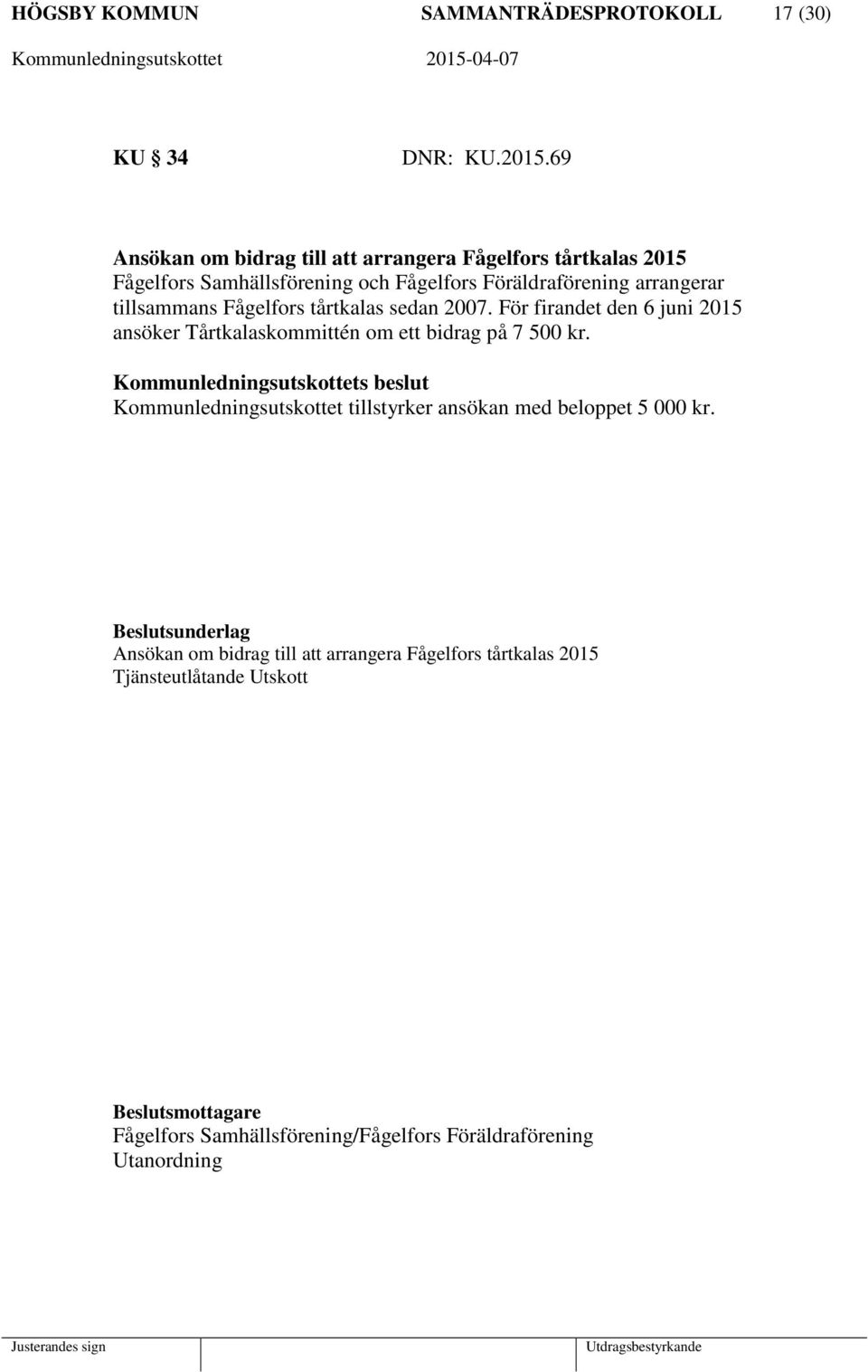 tillsammans Fågelfors tårtkalas sedan 2007. För firandet den 6 juni 2015 ansöker Tårtkalaskommittén om ett bidrag på 7 500 kr.