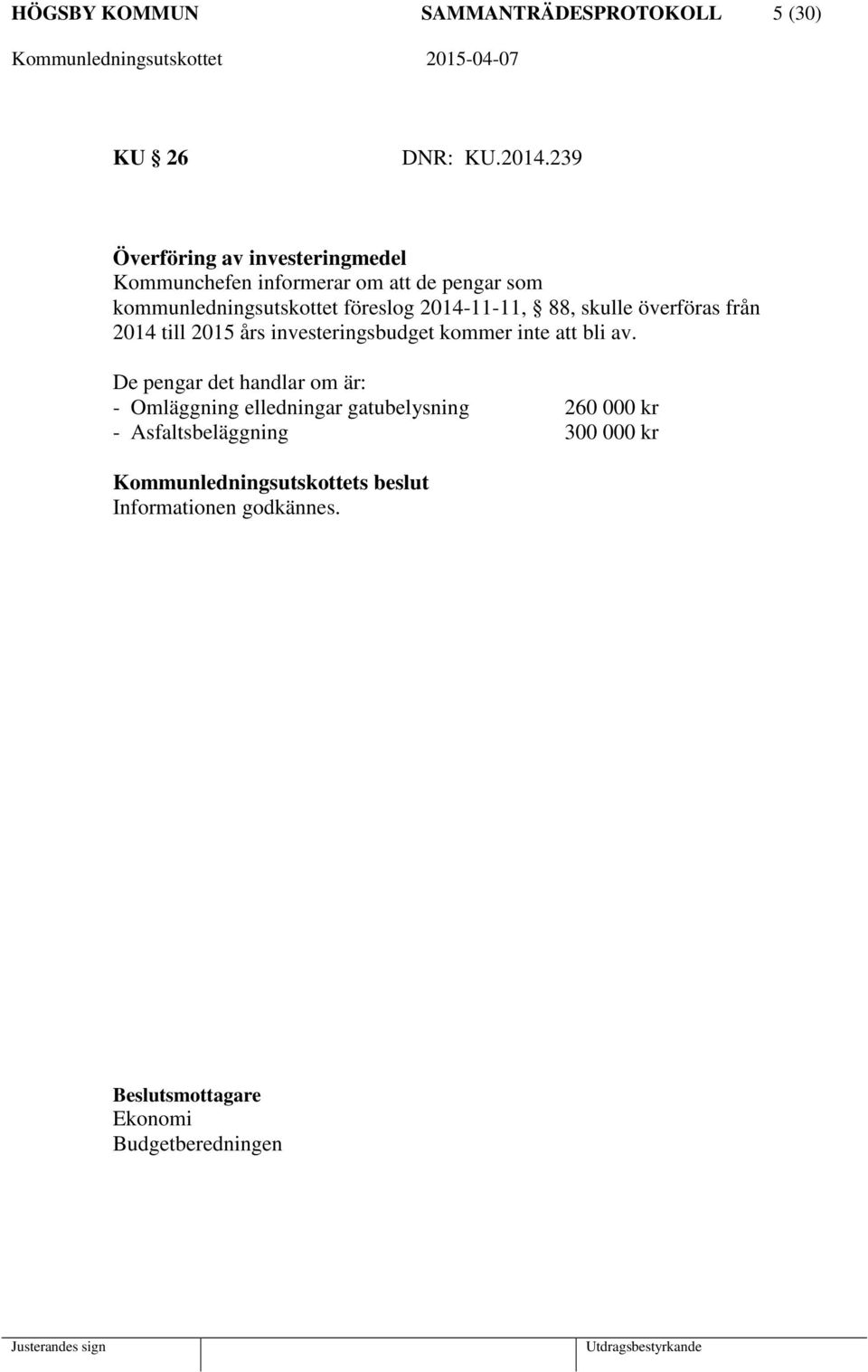 föreslog 2014-11-11, 88, skulle överföras från 2014 till 2015 års investeringsbudget kommer inte att bli av.