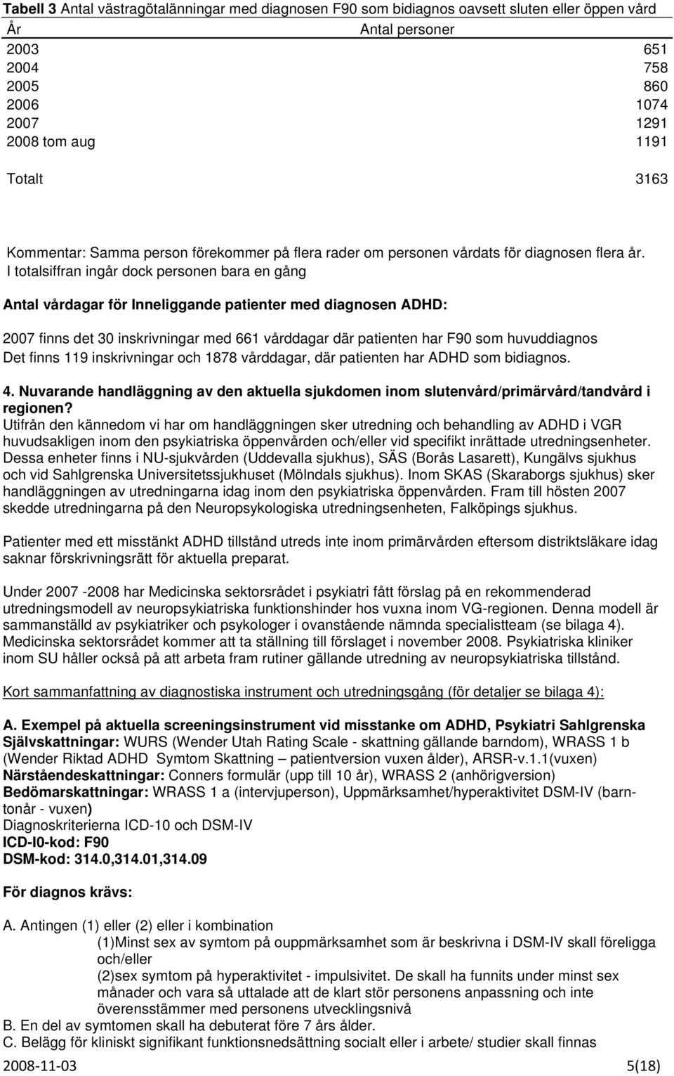 I totalsiffran ingår dock personen bara en gång Antal vårdagar för Inneliggande patienter med diagnosen ADHD: 2007 finns det 30 inskrivningar med 661 vårddagar där patienten har F90 som huvuddiagnos