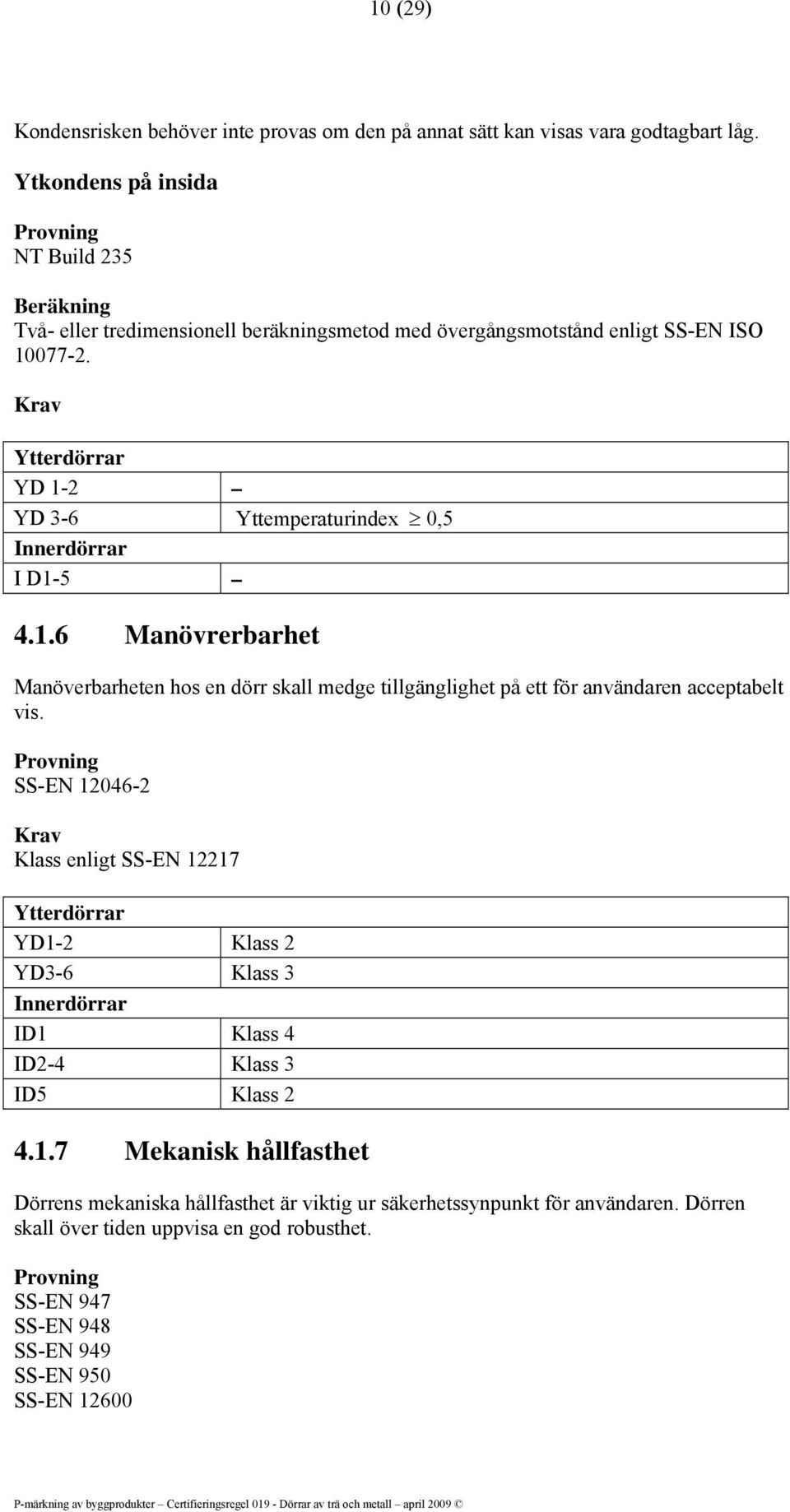 Ytterdörrar YD 1-2 YD 3-6 Yttemperaturindex 0,5 Innerdörrar I D1-5 4.1.6 Manövrerbarhet Manöverbarheten hos en dörr skall medge tillgänglighet på ett för användaren acceptabelt vis.