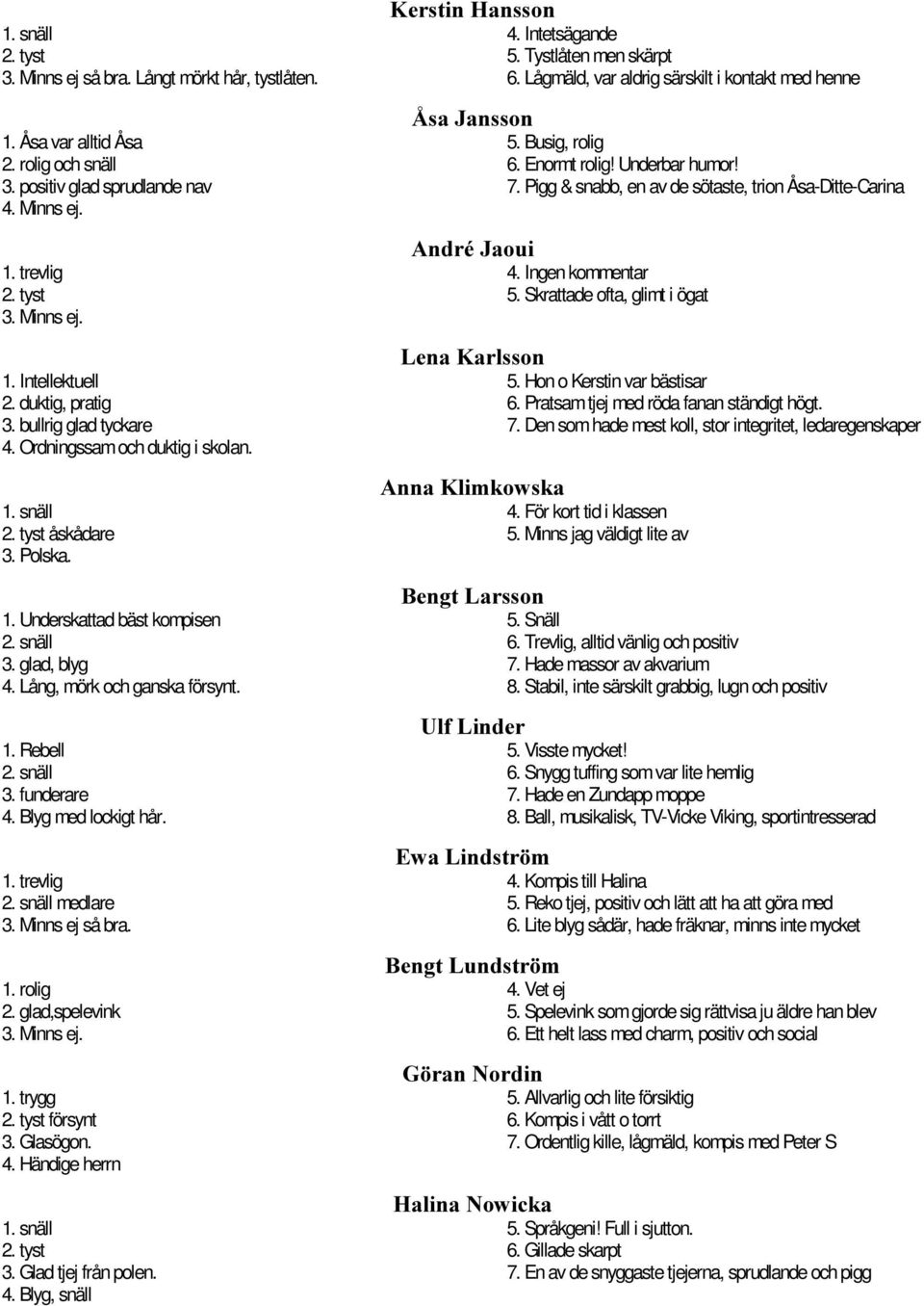 Skrattade ofta, glimt i ögat 1. Intellektuell 2. duktig, pratig 3. bullrig glad tyckare 4. Ordningssam och duktig i skolan. /HQD.DUOVVRQ 5. Hon o Kerstin var bästisar 6.