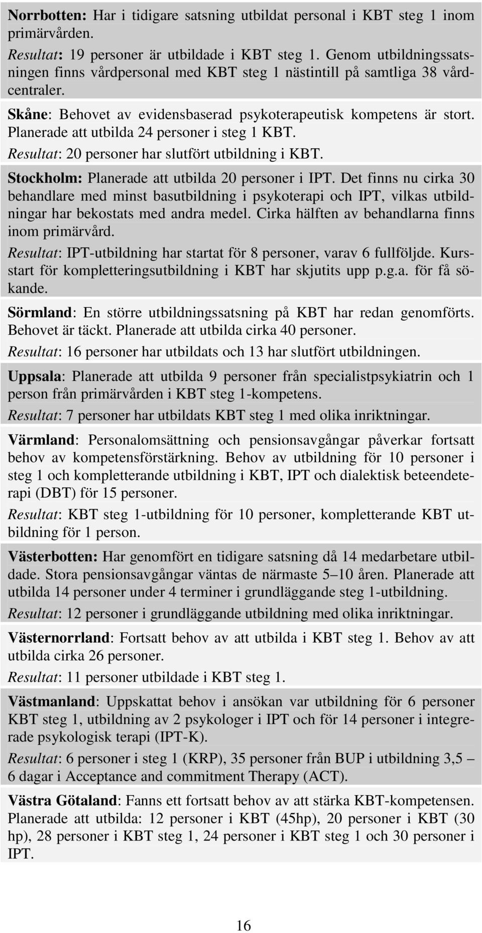 Planerade att utbilda 24 personer i steg 1 KBT. Resultat: 20 personer har slutfört utbildning i KBT. Stockholm: Planerade att utbilda 20 personer i IPT.