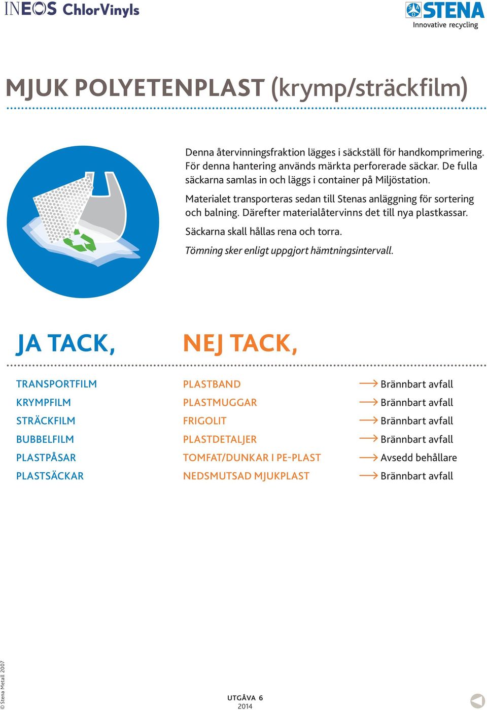 Materialet transporteras sedan till Stenas anläggning för sortering och balning. Därefter materialåtervinns det till nya plastkassar.