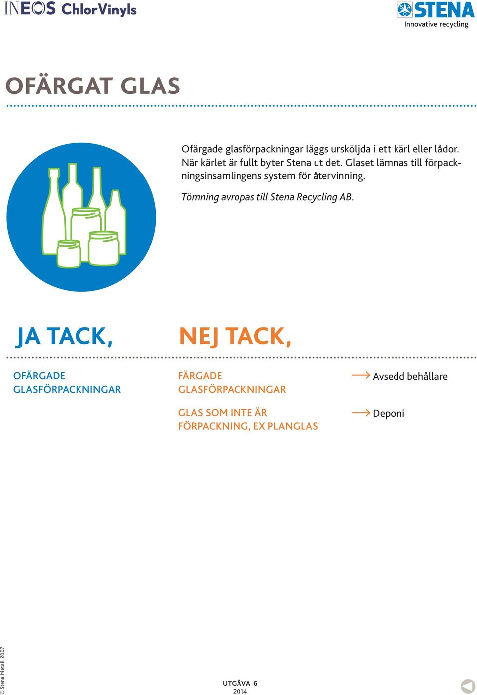 Glaset lämnas till förpackningsinsamlingens system för återvinning.