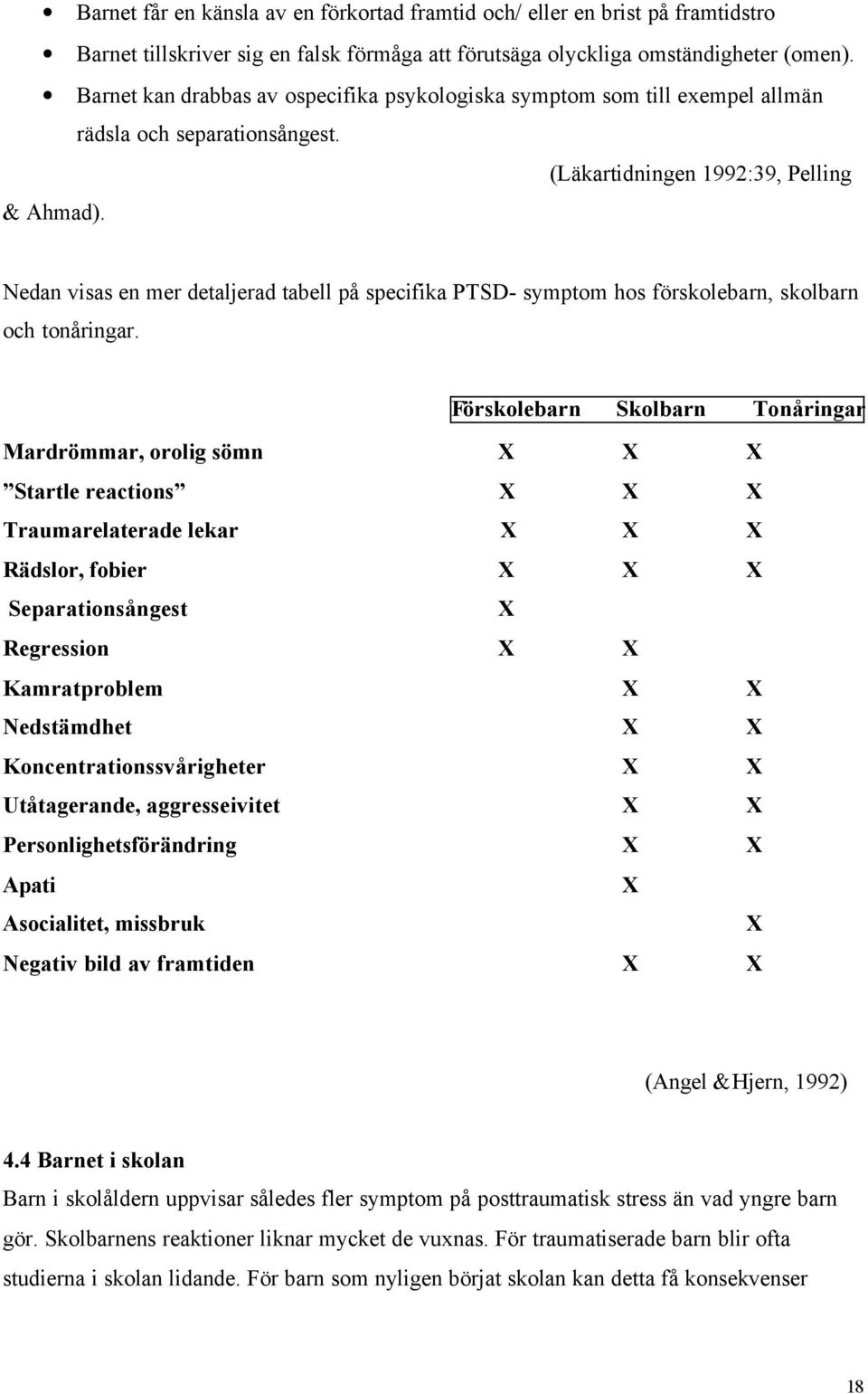 Nedan visas en mer detaljerad tabell på specifika PTSD- symptom hos förskolebarn, skolbarn och tonåringar.