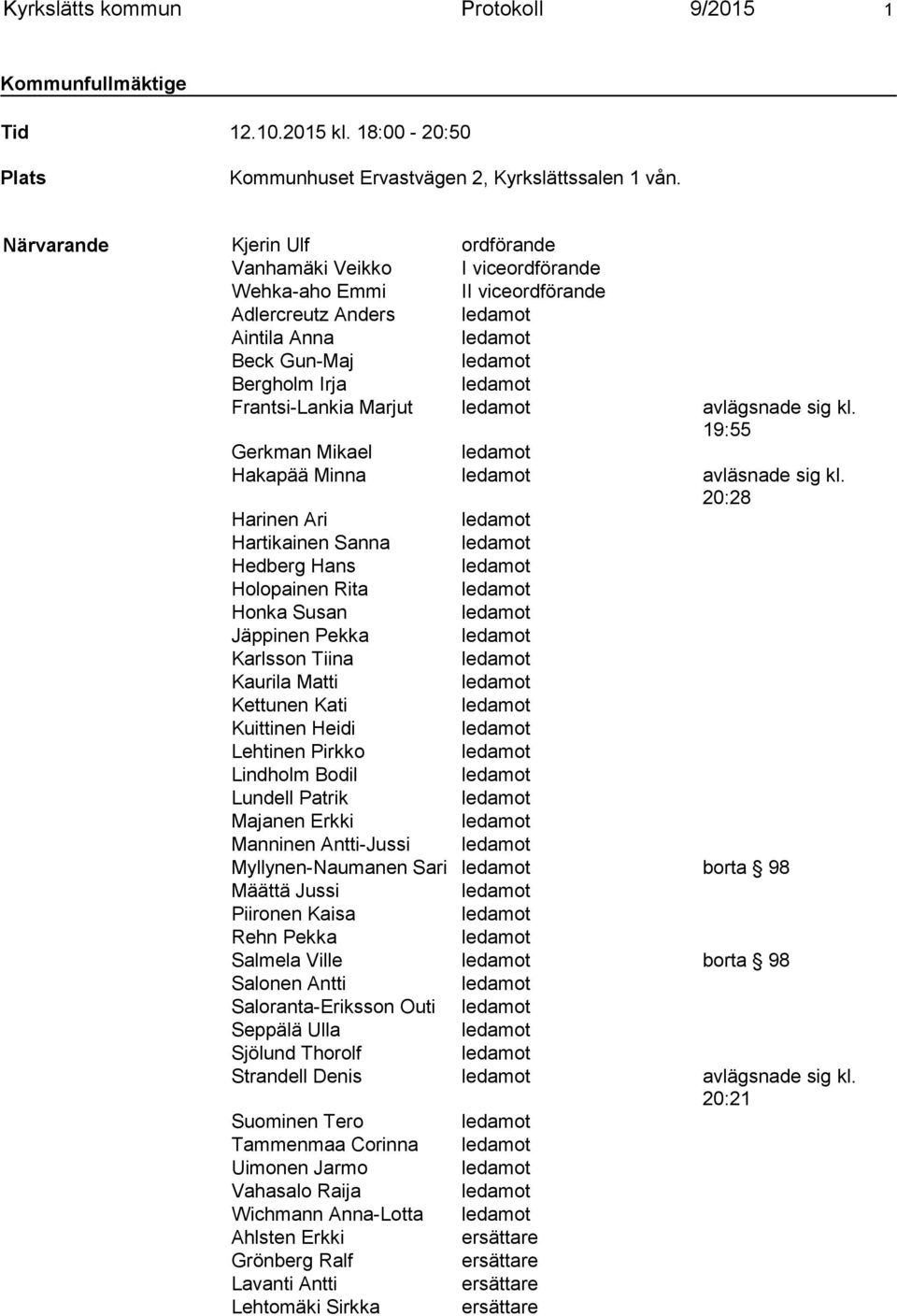 Frantsi-Lankia Marjut ledamot avlägsnade sig kl. 19:55 Gerkman Mikael ledamot Hakapää Minna ledamot avläsnade sig kl.