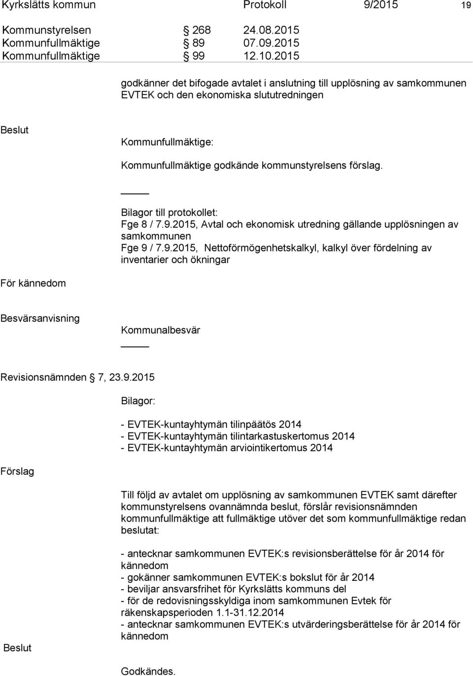 Bilagor till protokollet: Fge 8 / 7.9.2015, Avtal och ekonomisk utredning gällande upplösningen av samkommunen Fge 9 / 7.9.2015, Nettoförmögenhetskalkyl, kalkyl över fördelning av inventarier och ökningar För kännedom Besvärsanvisning Kommunalbesvär Revisionsnämnden 7, 23.