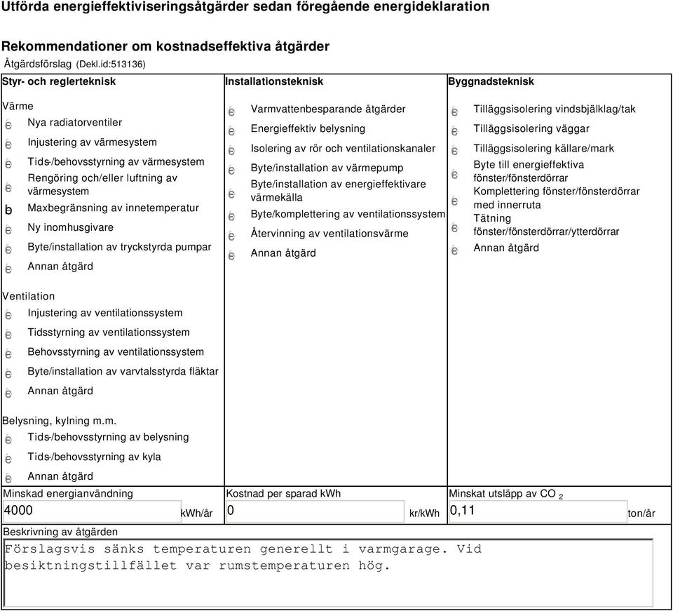 värmesystem Maxbegränsning av innetemperatur Ny inomhusgivare Byte/installation av tryckstyrda pumpar Varmvattenbesparande åtgärder Energieffektiv belysning Isolering av rör och ventilationskanaler