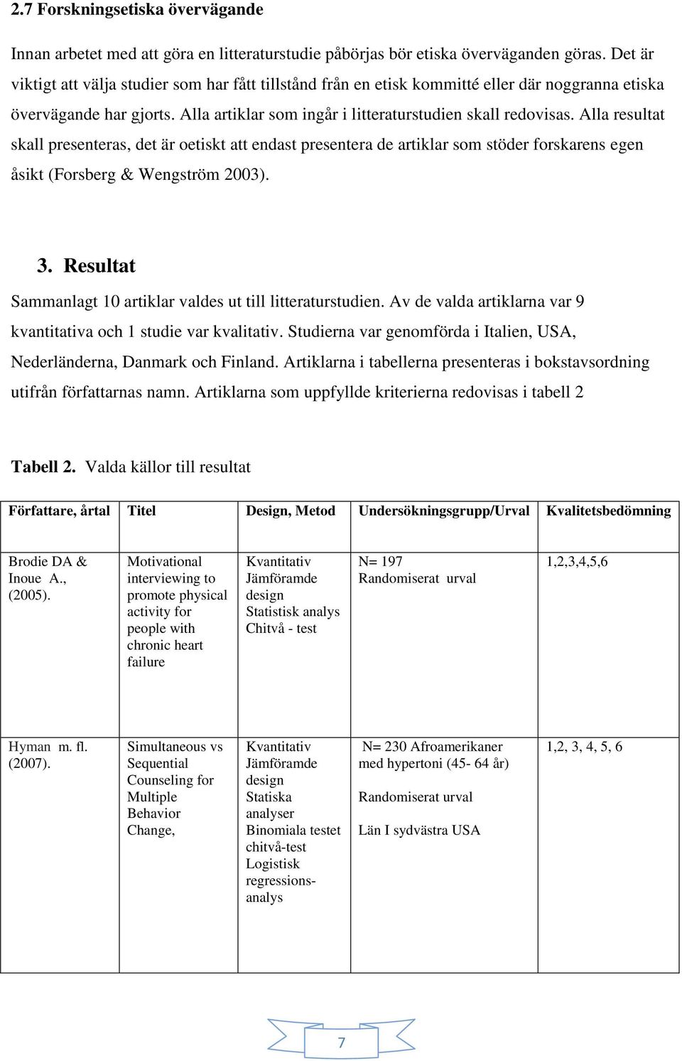 Alla resultat skall presenteras, det är oetiskt att endast presentera de artiklar som stöder forskarens egen åsikt (Forsberg & Wengström 2003). 3.