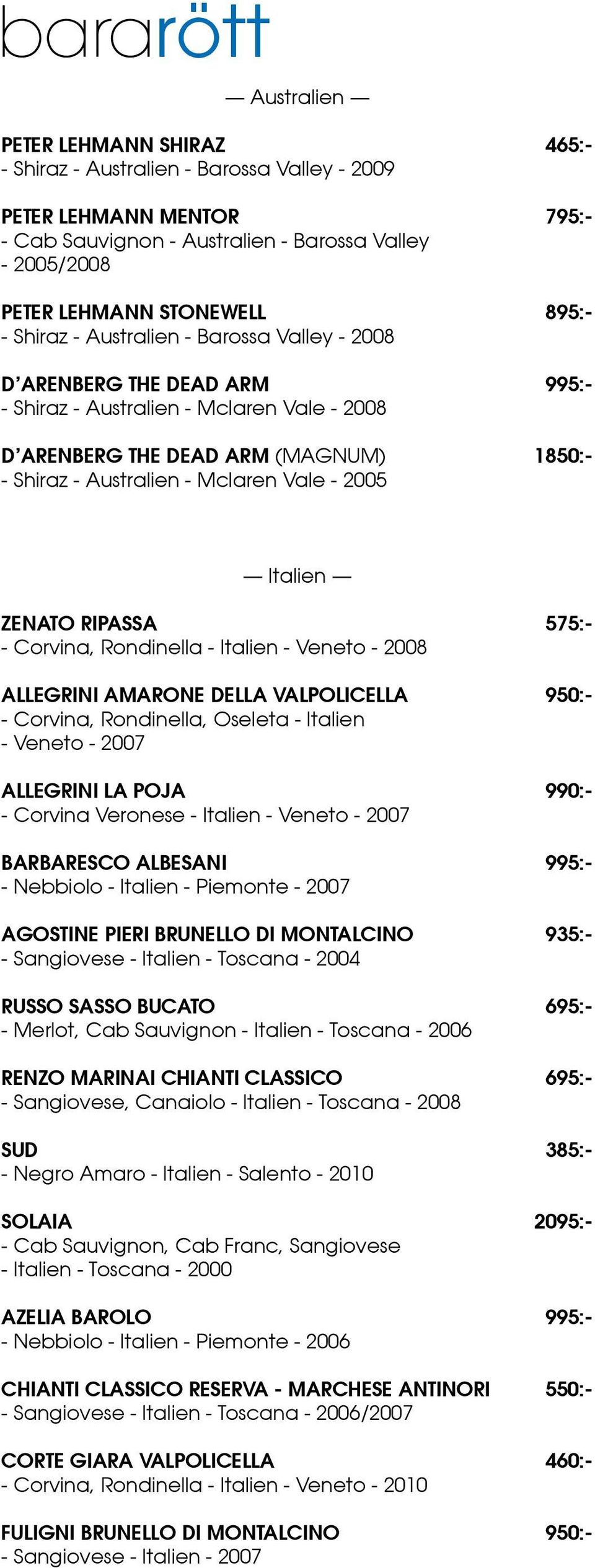 2005 Italien ZENATO RIPASSA 575:- - Corvina, Rondinella - Italien - Veneto - 2008 ALLEGRINI AMARONE DELLA VALPOLICELLA 950:- - Corvina, Rondinella, Oseleta - Italien - Veneto - 2007 ALLEGRINI LA POJA