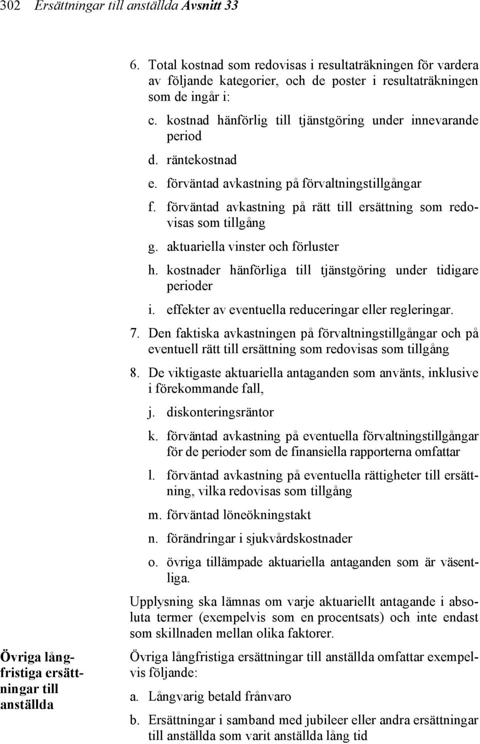 räntekostnad e. förväntad avkastning på förvaltningstillgångar f. förväntad avkastning på rätt till ersättning som redovisas som tillgång g. aktuariella vinster och förluster h.