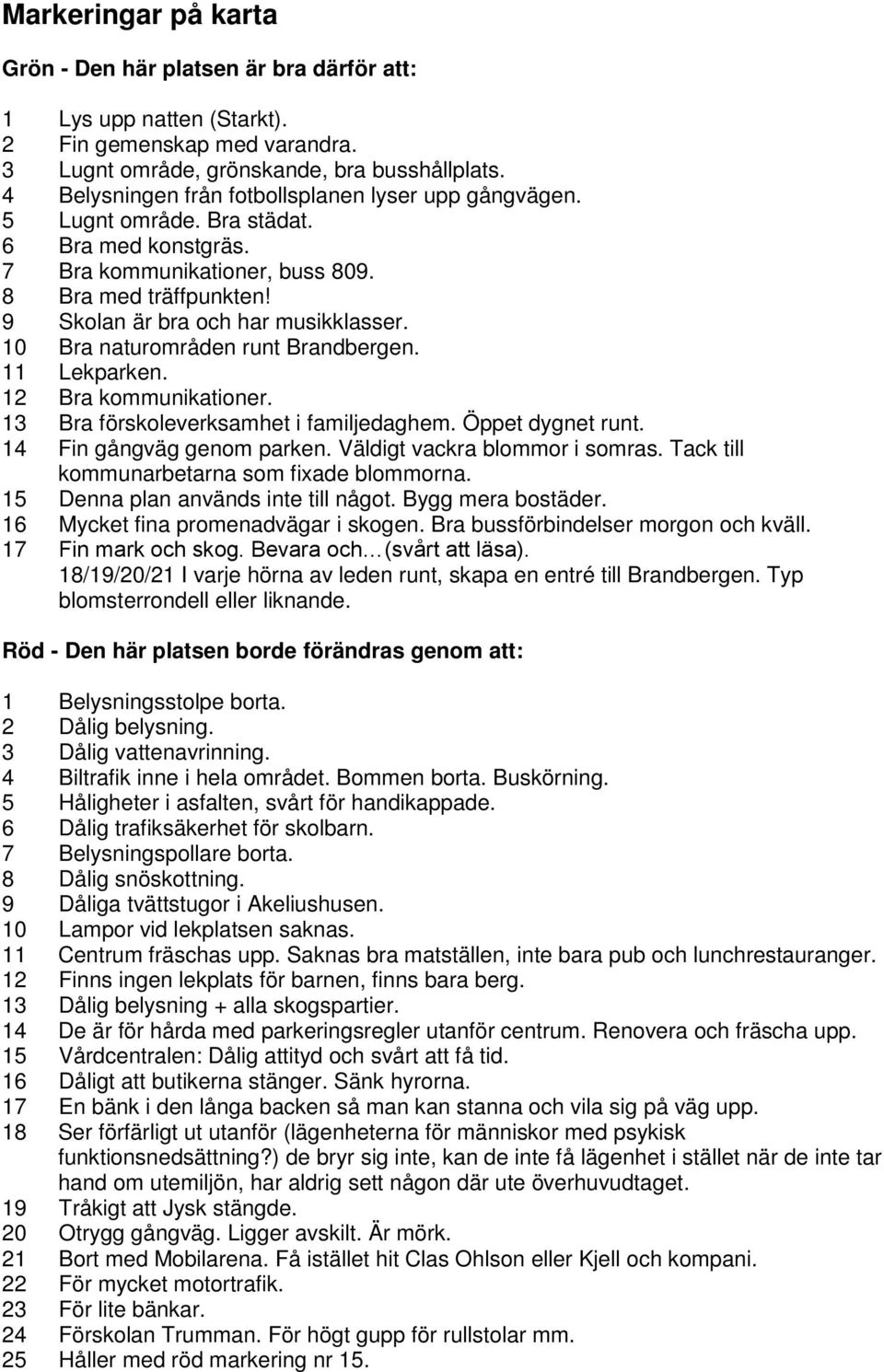 10 Bra naturområden runt Brandbergen. 11 Lekparken. 12 Bra kommunikationer. 13 Bra förskoleverksamhet i familjedaghem. Öppet dygnet runt. 14 Fin gångväg genom parken. Väldigt vackra blommor i somras.