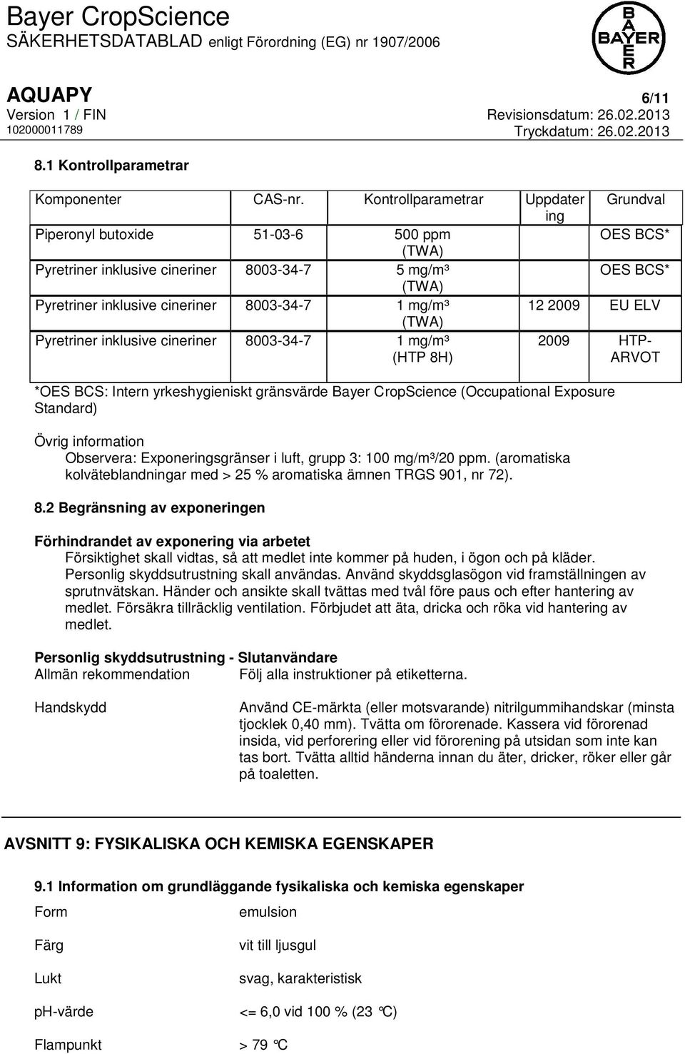 mg/m³ 12 2009 EU ELV (TWA) Pyretriner inklusive cineriner 8003-34-7 1 mg/m³ (HTP 8H) 2009 HTP- ARVOT *OES BCS: Intern yrkeshygieniskt gränsvärde Bayer CropScience (Occupational Exposure Standard)