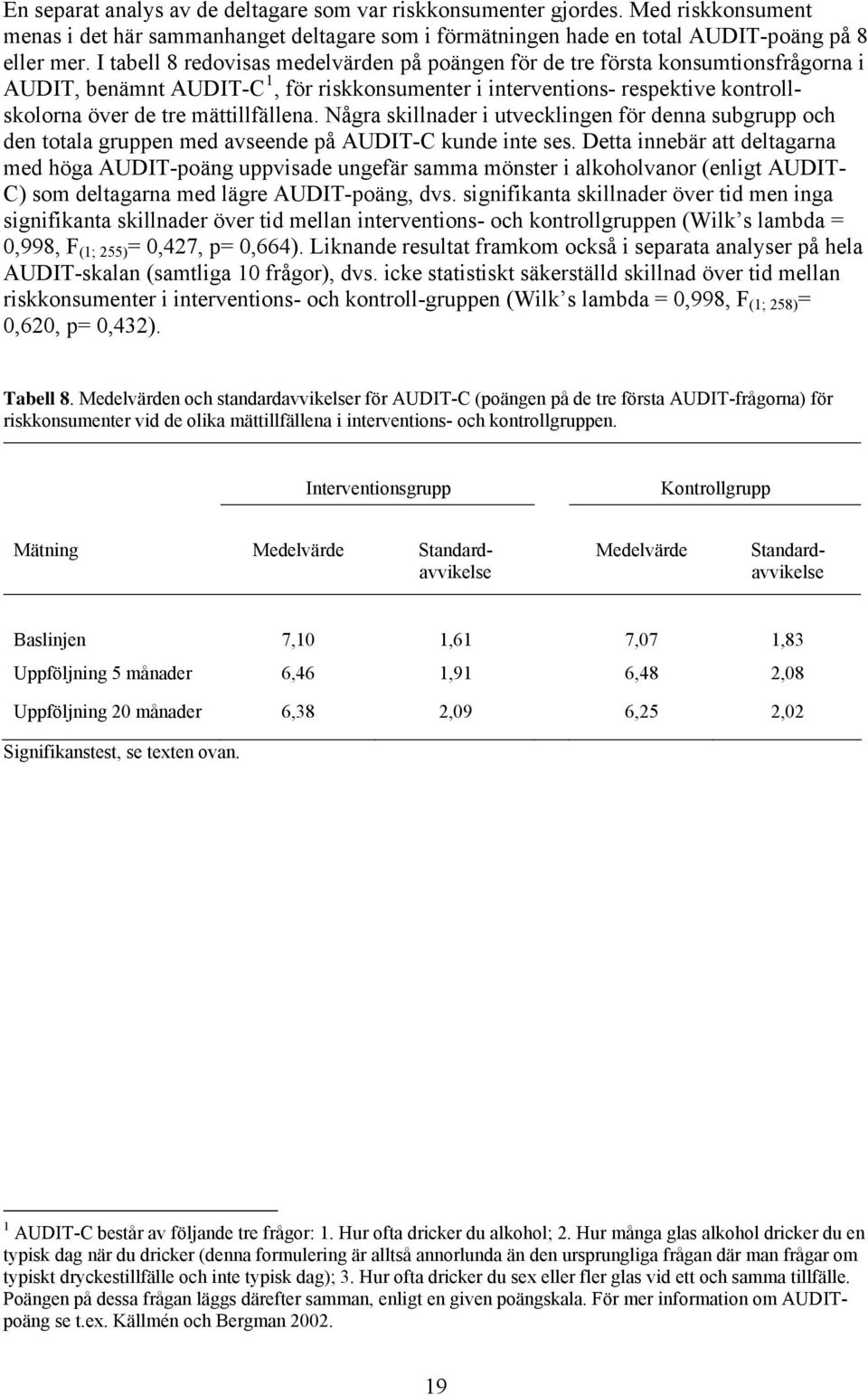 mättillfällena. Några skillnader i utvecklingen för denna subgrupp och den totala gruppen med avseende på AUDIT-C kunde inte ses.