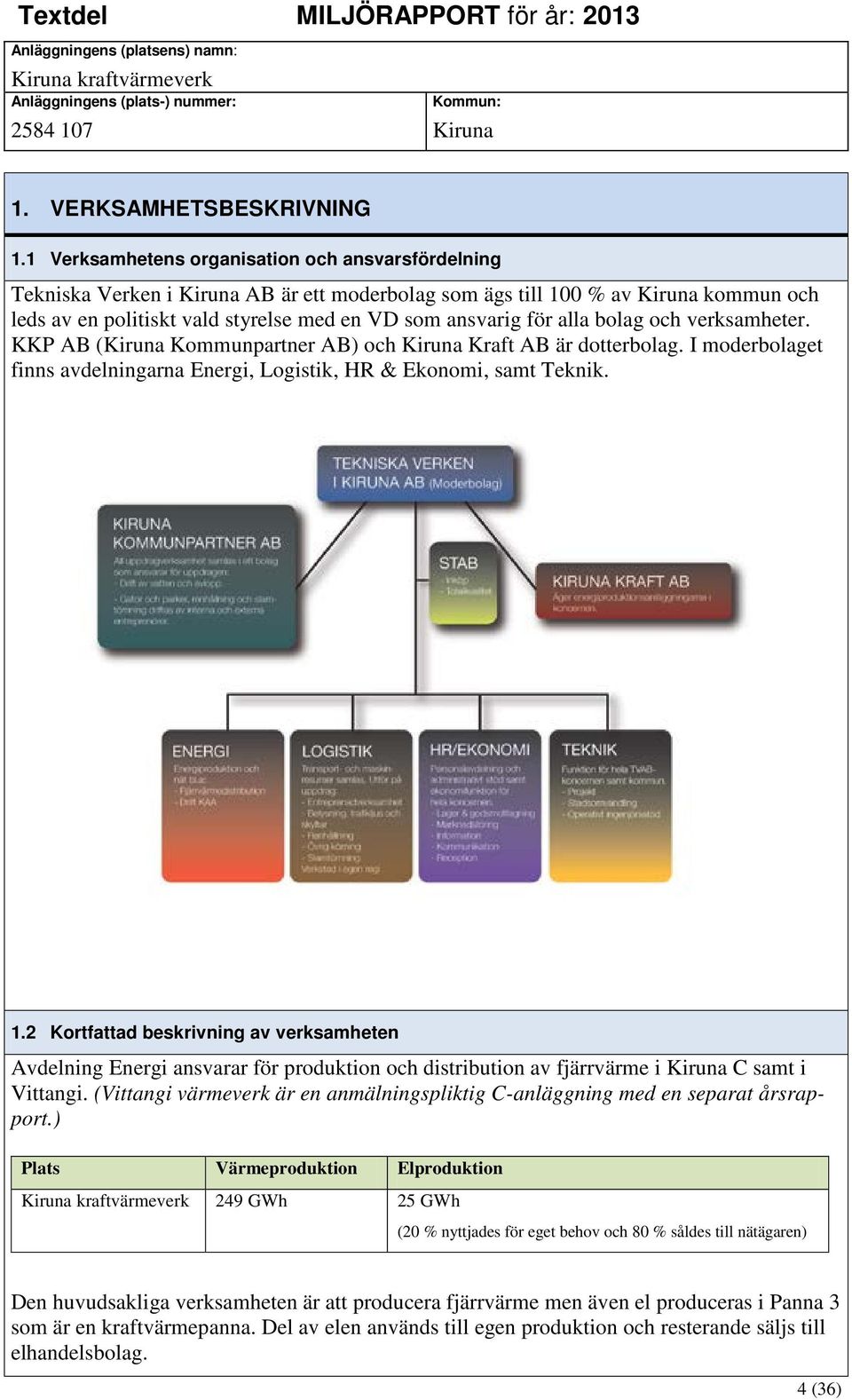 alla bolag och verksamheter. KKP AB (Kiruna Kommunpartner AB) och Kiruna Kraft AB är dotterbolag. I moderbolaget finns avdelningarna Energi, Logistik, HR & Ekonomi, samt Teknik. 1.