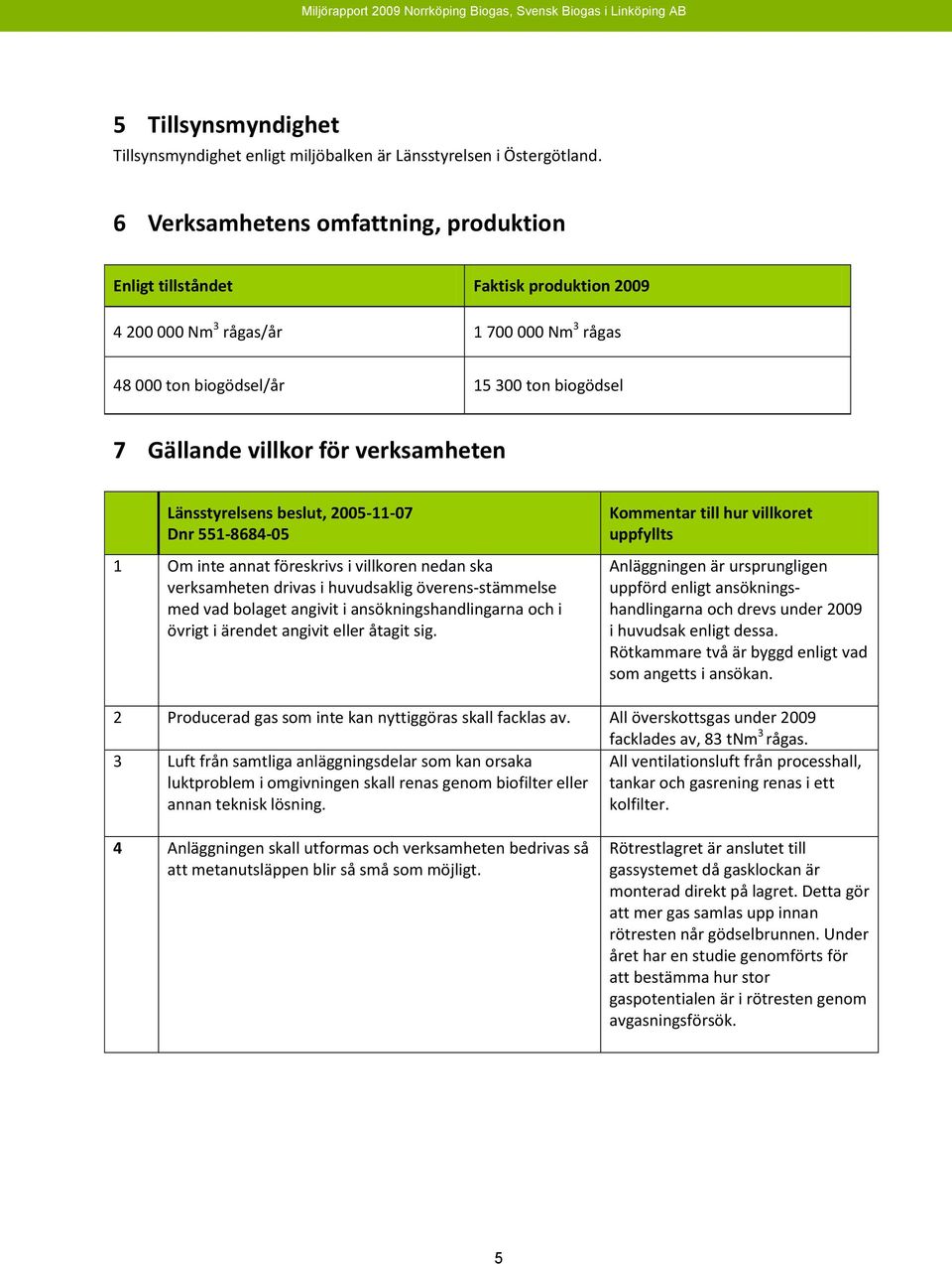 verksamheten Länsstyrelsens beslut, 2005-11-07 Dnr 551-8684-05 1 Om inte annat föreskrivs i villkoren nedan ska verksamheten drivas i huvudsaklig överens-stämmelse med vad bolaget angivit i