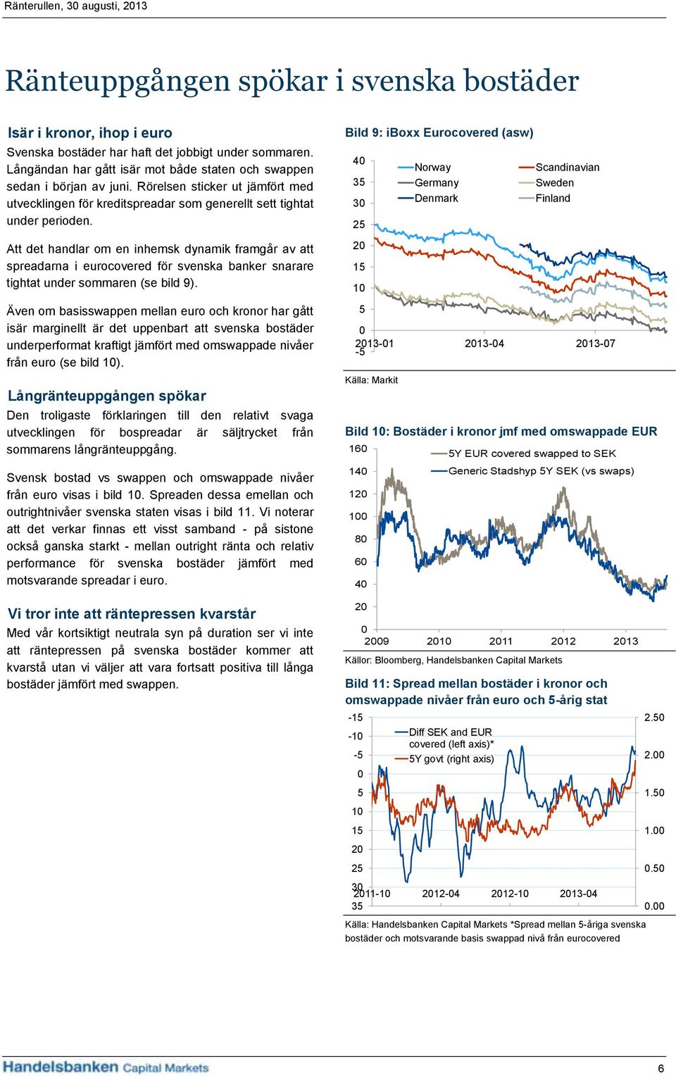 Att det handlar om en inhemsk dynamik framgår av att spreadarna i eurocovered för svenska banker snarare tightat under sommaren (se bild 9).