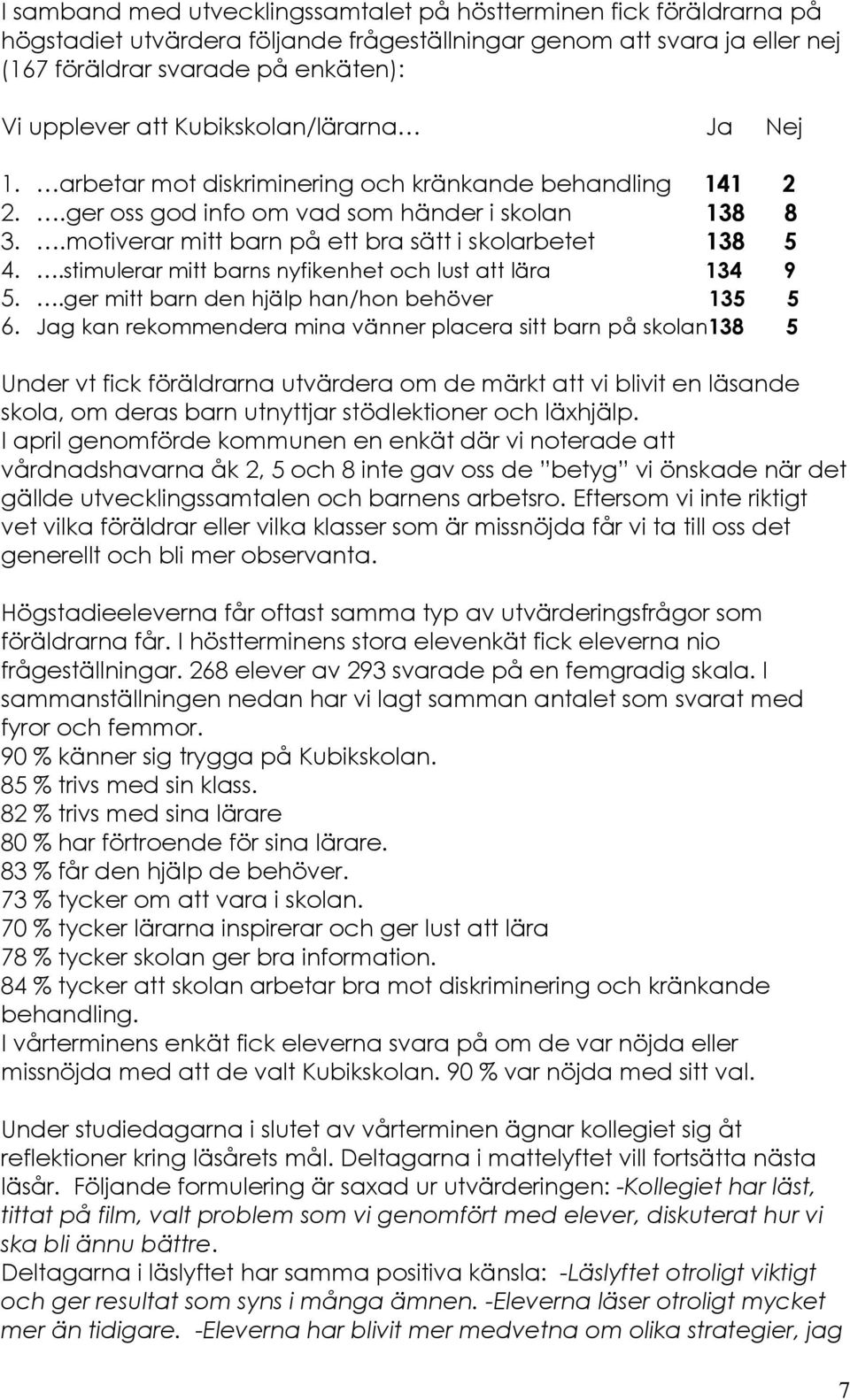 .motiverar mitt barn på ett bra sätt i skolarbetet 138 5 4..stimulerar mitt barns nyfikenhet och lust att lära 134 9 5..ger mitt barn den hjälp han/hon behöver 135 5 6.