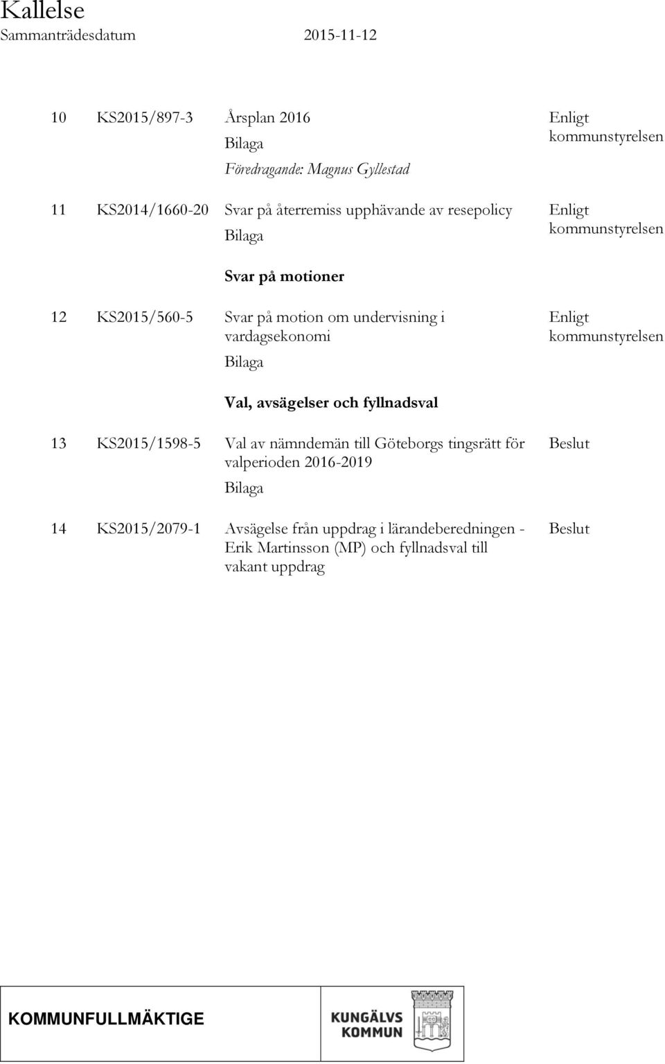 vardagsekonomi Bilaga Enligt kommunstyrelsen Val, avsägelser och fyllnadsval 13 KS2015/1598-5 Val av nämndemän till Göteborgs tingsrätt för valperioden