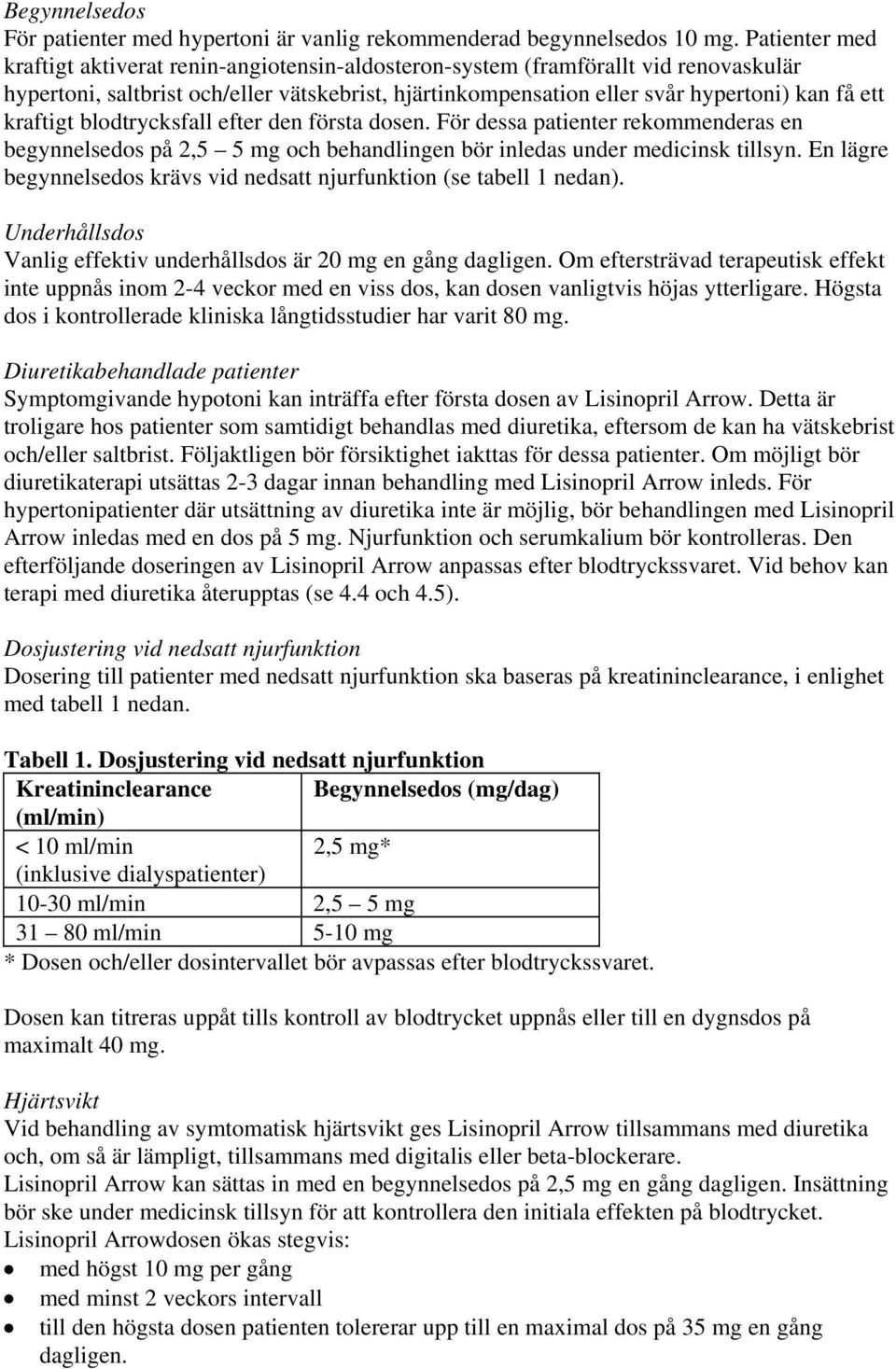 kraftigt blodtrycksfall efter den första dosen. För dessa patienter rekommenderas en begynnelsedos på 2,5 5 mg och behandlingen bör inledas under medicinsk tillsyn.