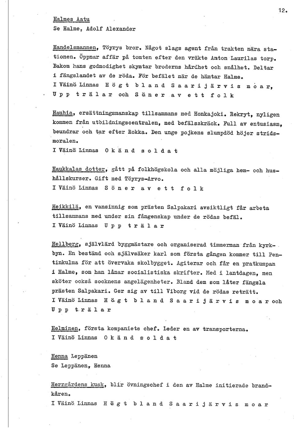 POE befälet nar de hämtar Halme, IVainaiLinnas Högt bland Saari järvis moar, Upp trälar och S.&ner av ett folk Hauhia, ersättningsmanskap tillsammans ned Honkajoki. Rekryt, nyligen kommen fr%n u.