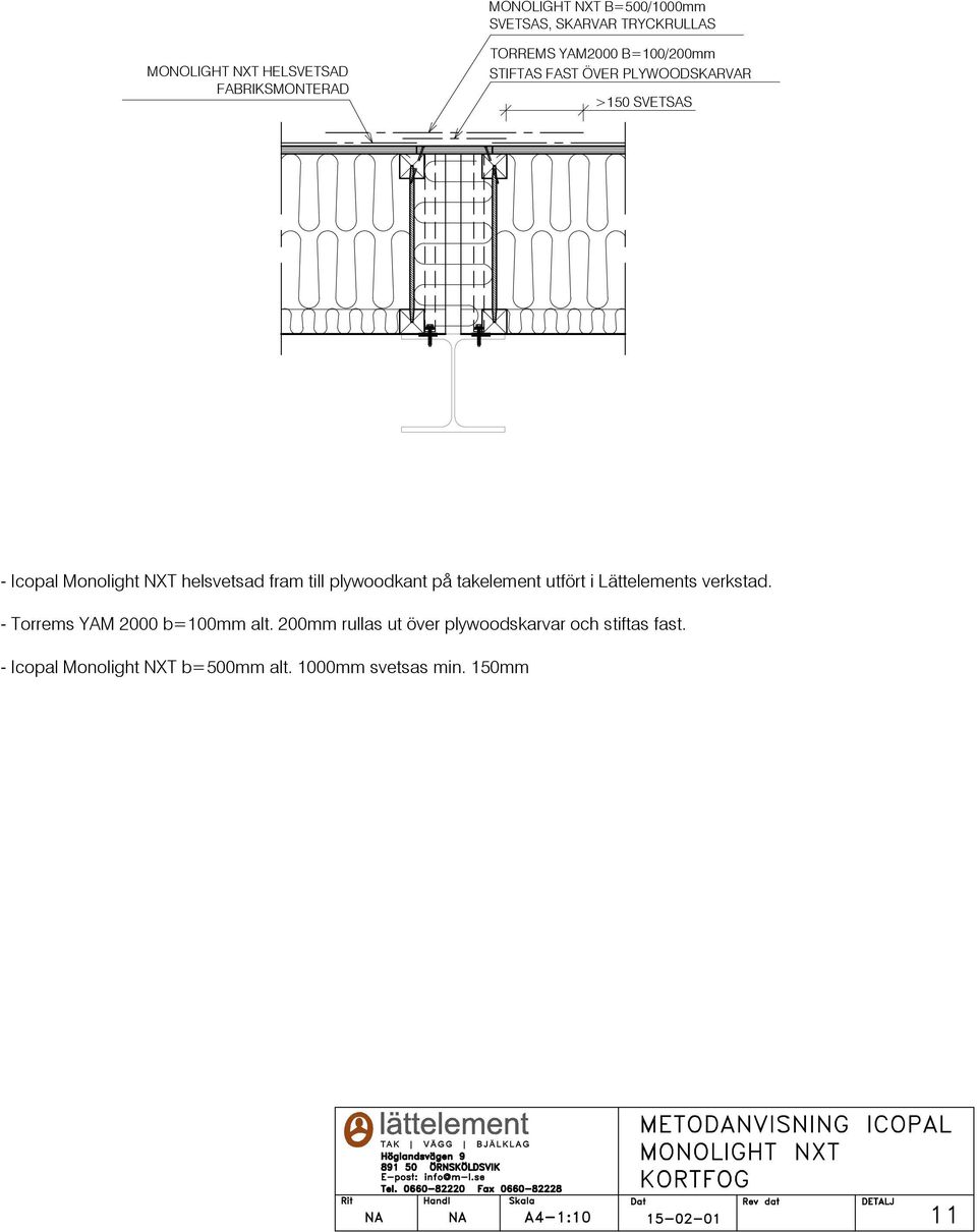 till plywoodkant på takelement utfört i Lättelements verkstad. - Torrems YAM 2000 b=100mm alt.