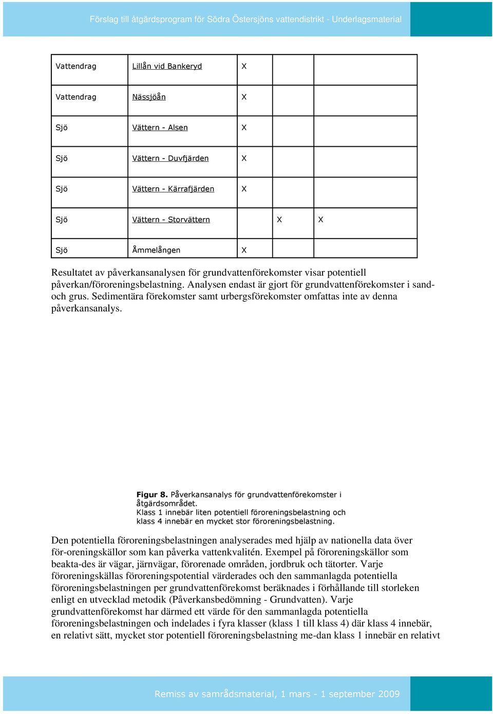 Sedimentära förekomster samt urbergsförekomster omfattas inte av denna påverkansanalys. Figur 8. Påverkansanalys för grundvattenförekomster i åtgärdsområdet.