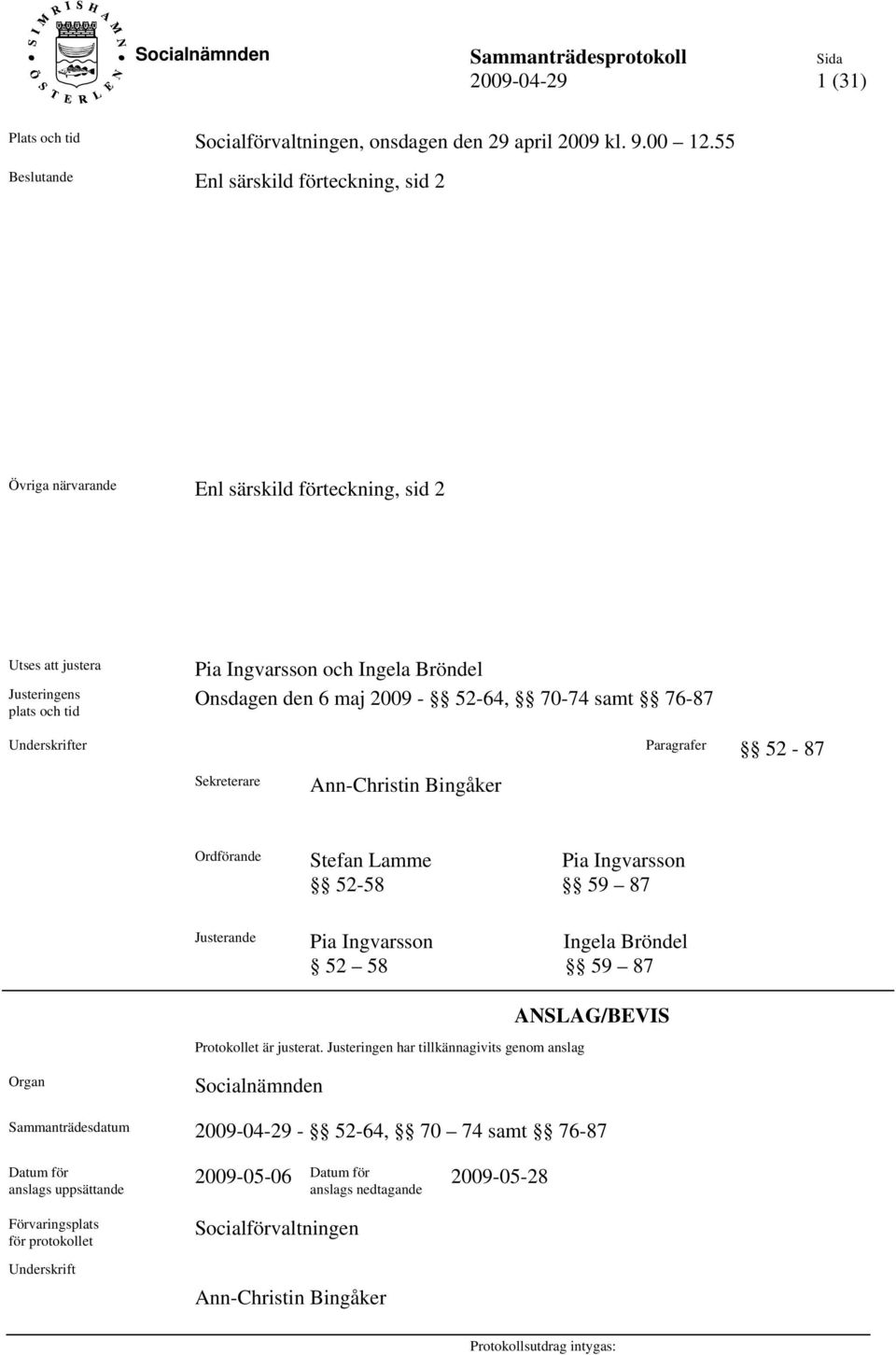 2009-52-64, 70-74 samt 76-87 Underskrifter Paragrafer 52-87 Sekreterare Ann-Christin Bingåker Ordförande Stefan Lamme Pia Ingvarsson 52-58 59 87 Justerande Pia Ingvarsson Ingela Bröndel 52 58 59 87