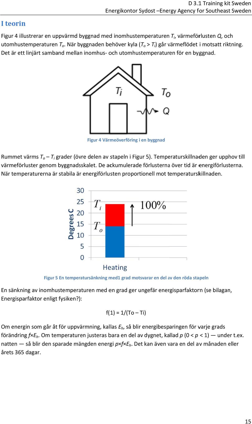 När byggnaden behöver kyla (T o > T i ) går värmeflödet v i motsatt riktning. Det är ett linjärt samband mellan inomhus och utomhustemperaturen för en byggnad.