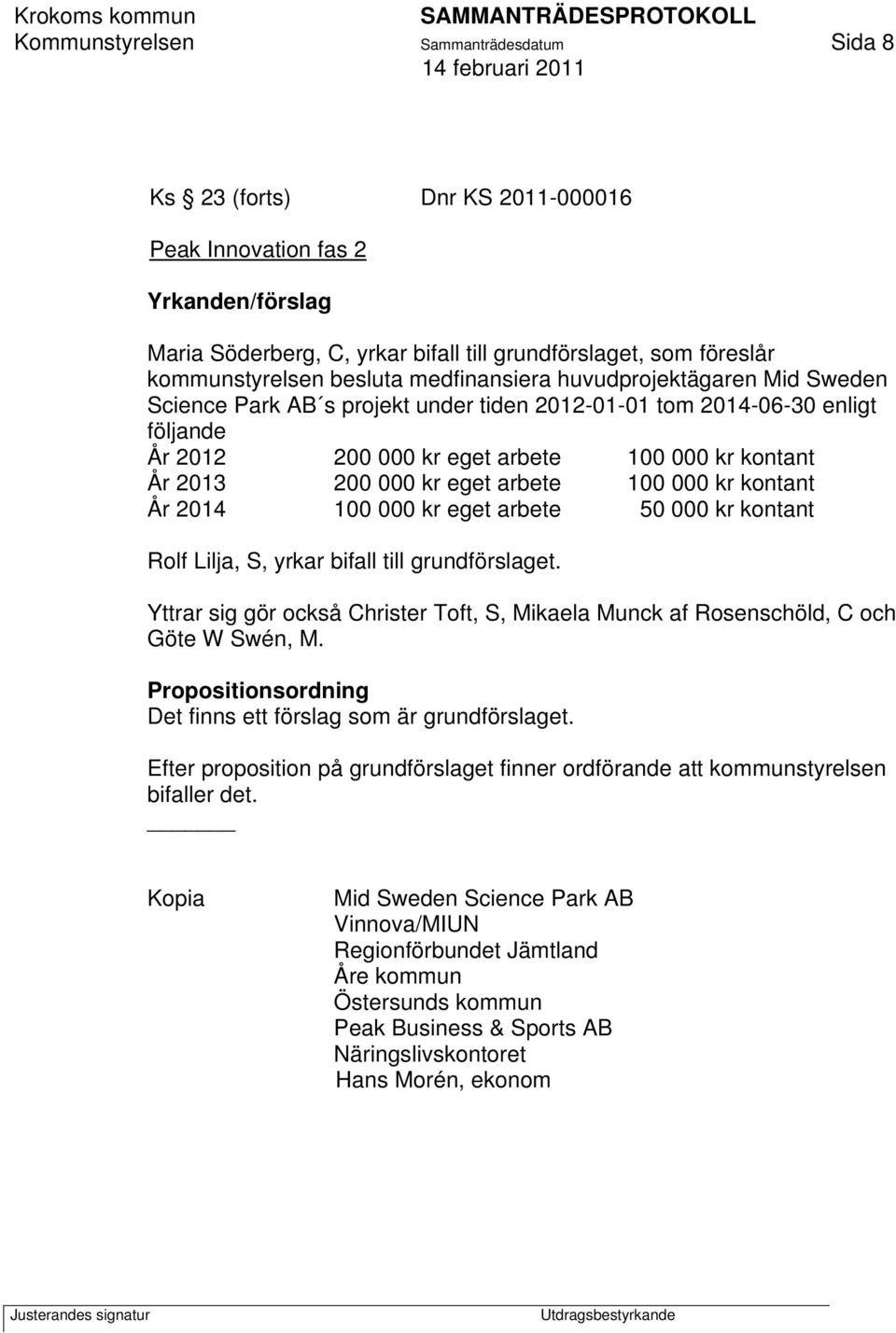 kr eget arbete 100 000 kr kontant År 2014 100 000 kr eget arbete 50 000 kr kontant Rolf Lilja, S, yrkar bifall till grundförslaget.